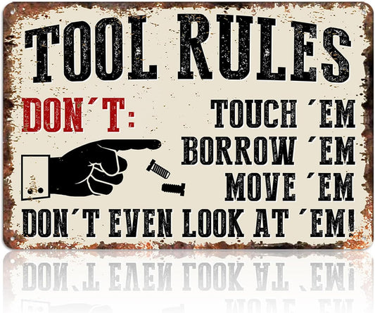 Garage Signs Metal Wall Decor - Vintage Tool Rule Metal Tin Signs for Men, Funny Shop Accessories Bar Decoration for Man Cave 8x12 Inch