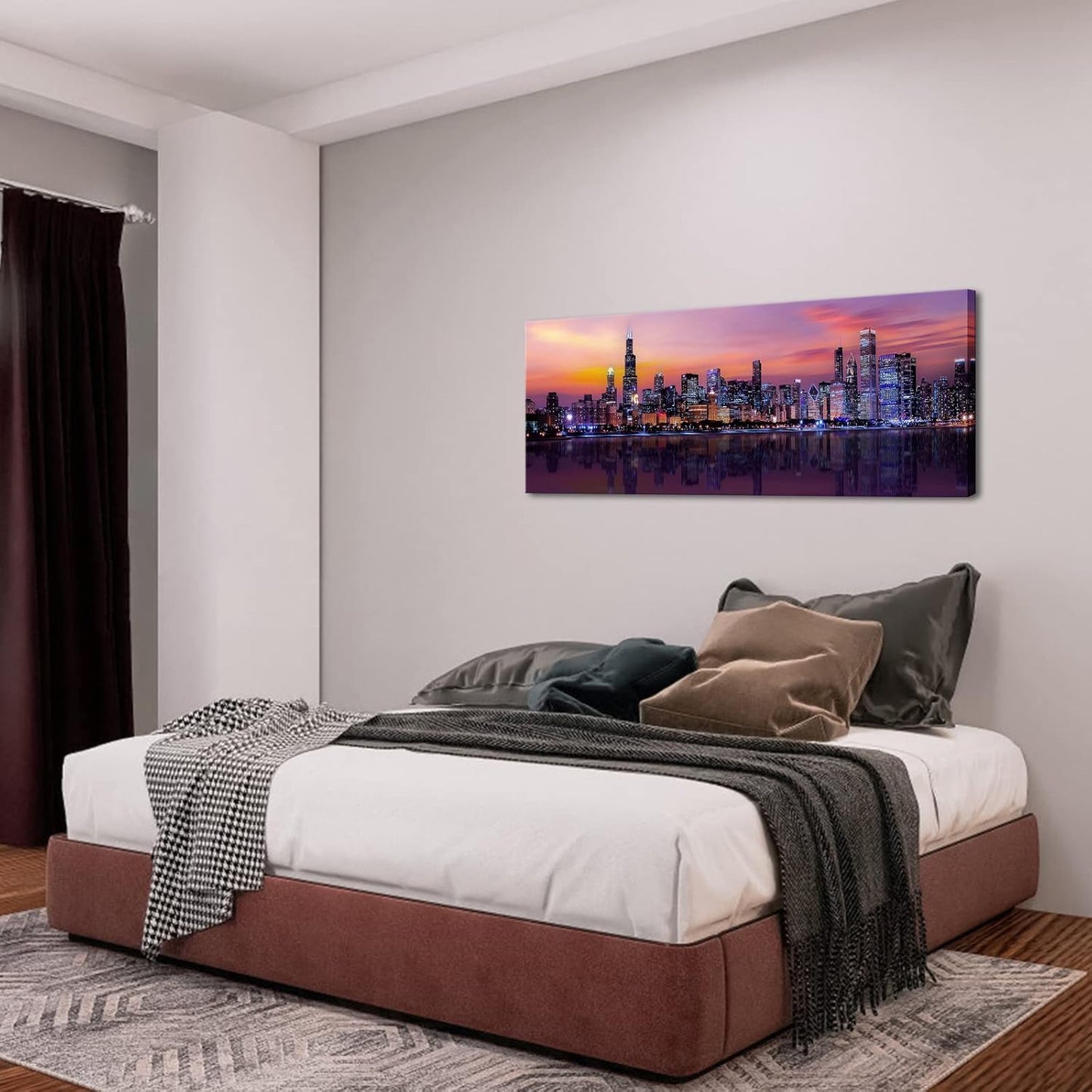 Fochorlo Large Chicago Canvas Modern City Skyline Wall Art Downtown Night Picture Prints Ready To Hang 20"X48"