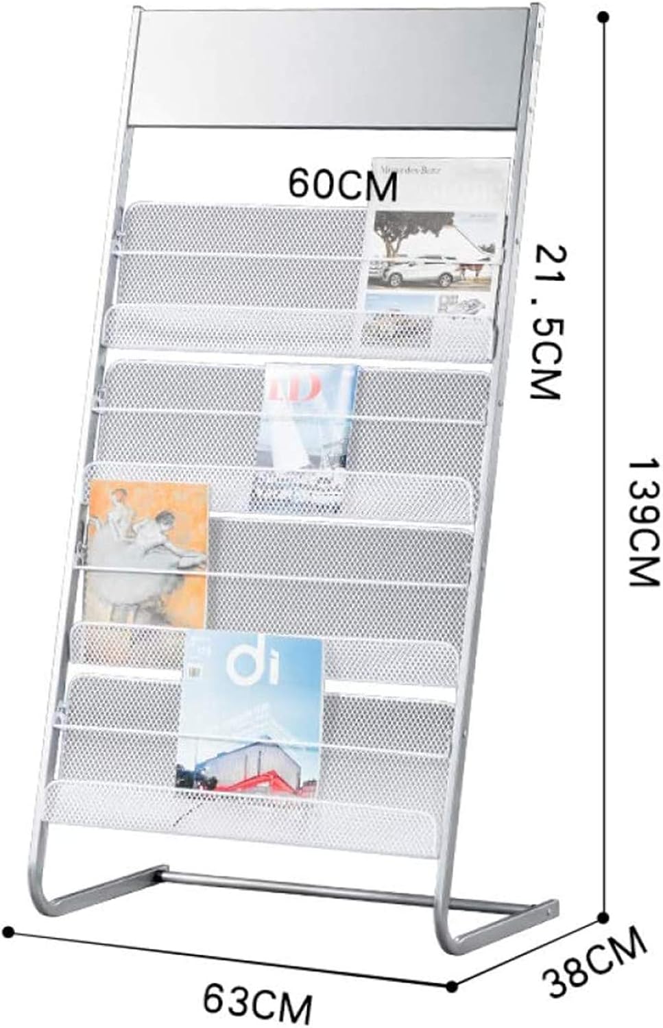 GENMO Floor-Standing Magazine Rack, Carbon Iron Steel, Silver, 4 Large Shelves, Convenient Installation, Suitable for Reception Areas