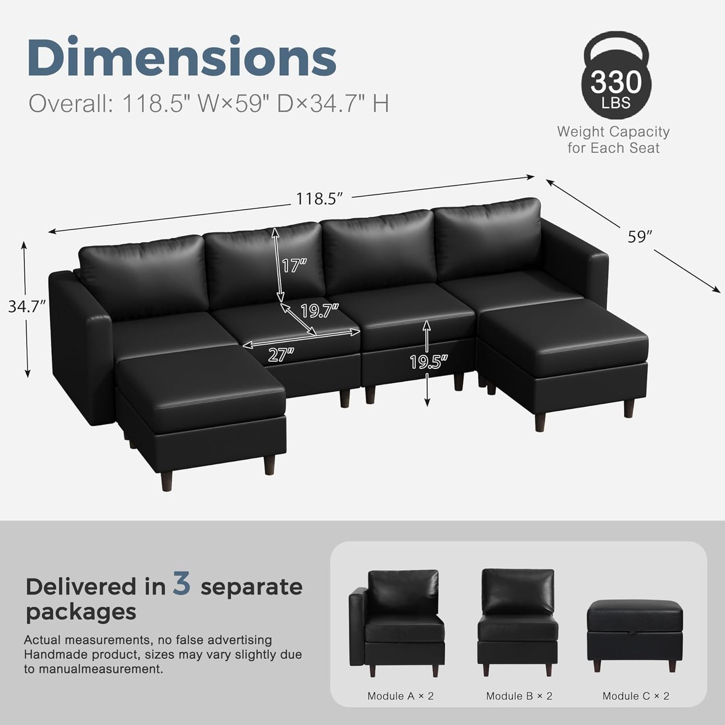 118.5" Oversized Modular Sectional Sofa, Faux Leather 6 Seater U Shaped Couch with Movable Ottoman and Storage Seat with Reversible Chaise Deep Seat for Living Room Black