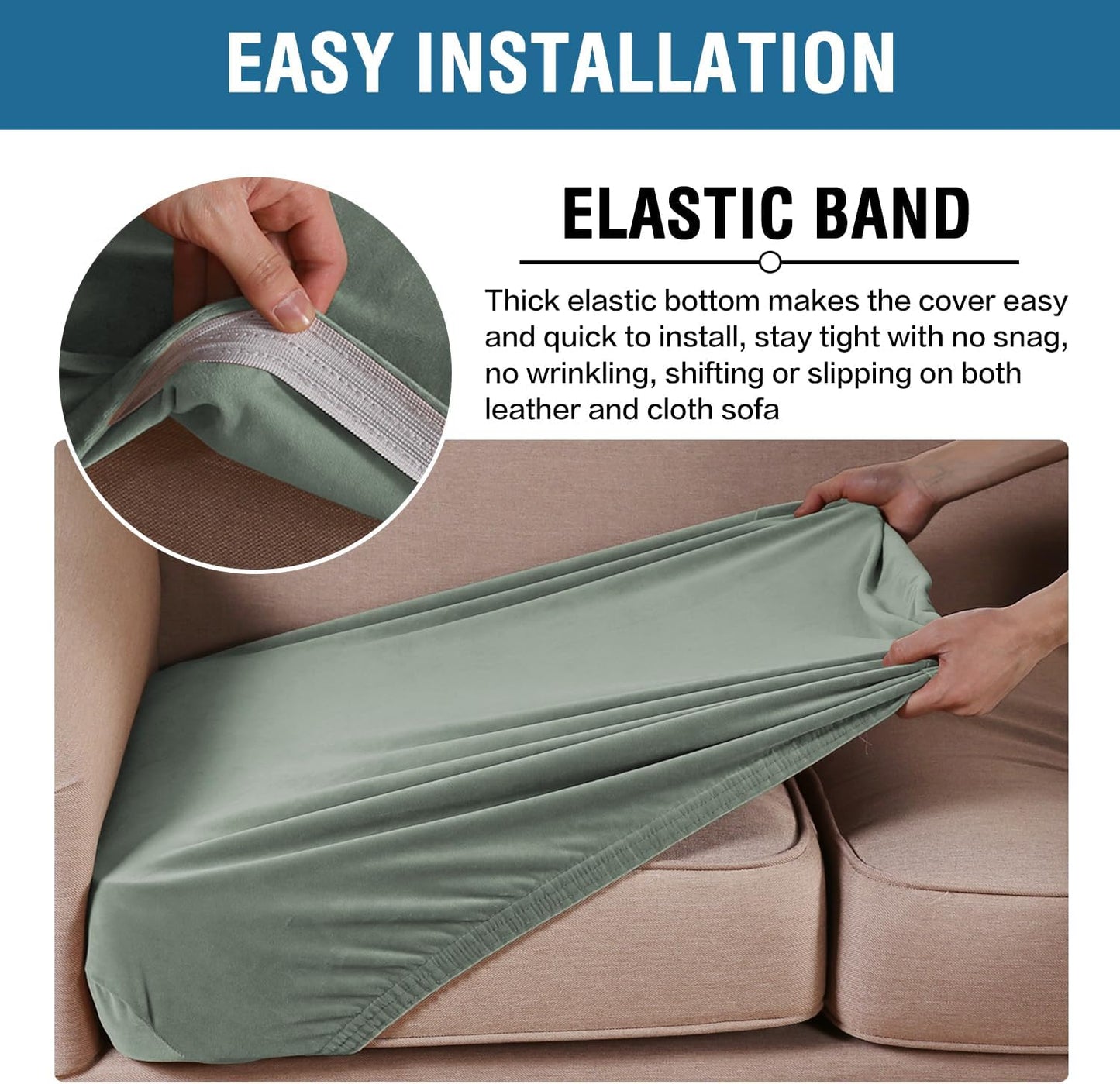 H.VERSAILTEX Velvet Stretch Couch Cushion Cover Plush Cushion Slipcover for Chair Loveseat Sofa Cushion Furniture Protector Seat Cushion Sofa Cover (2 Piece Large Sofa Cushion Covers, Sea Grass)