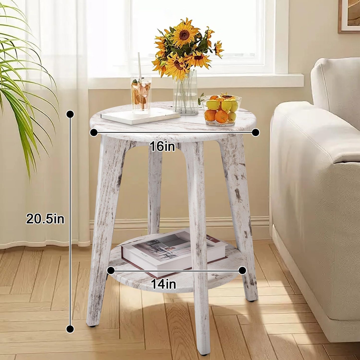 Farmhouse Round Side Table Rustic White Wooden End Table with Lower Shelf Vintage Nightstand Beside Table for Living Room Bedroom Small Spaces