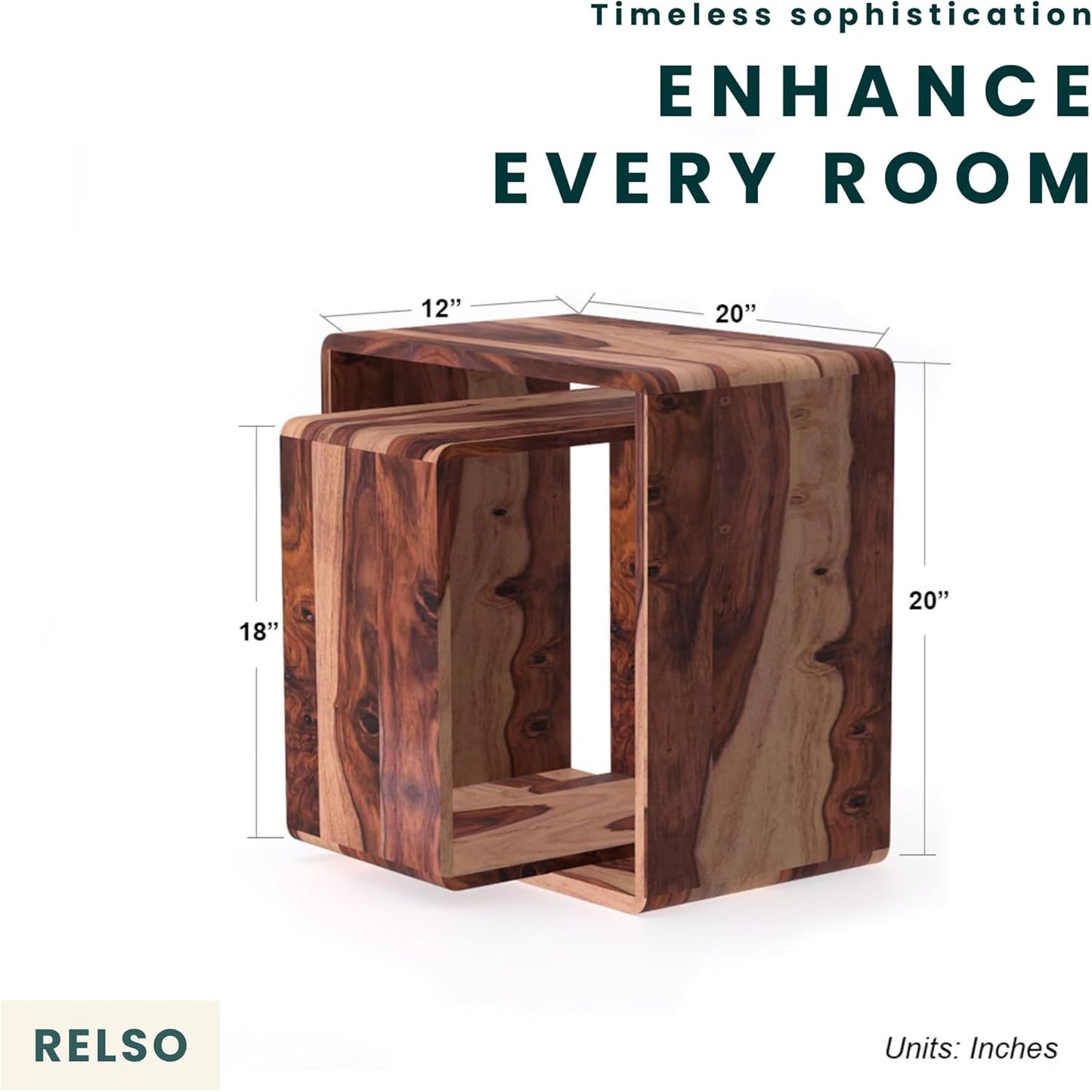 Relso Cascade Nesting Tables for Living Room with Premium Sheesham Wood Construction | Nesting End Tables with Smooth Curved Edges for Safety and Sophistication | Solid Wood Nesting Tables Set of 2