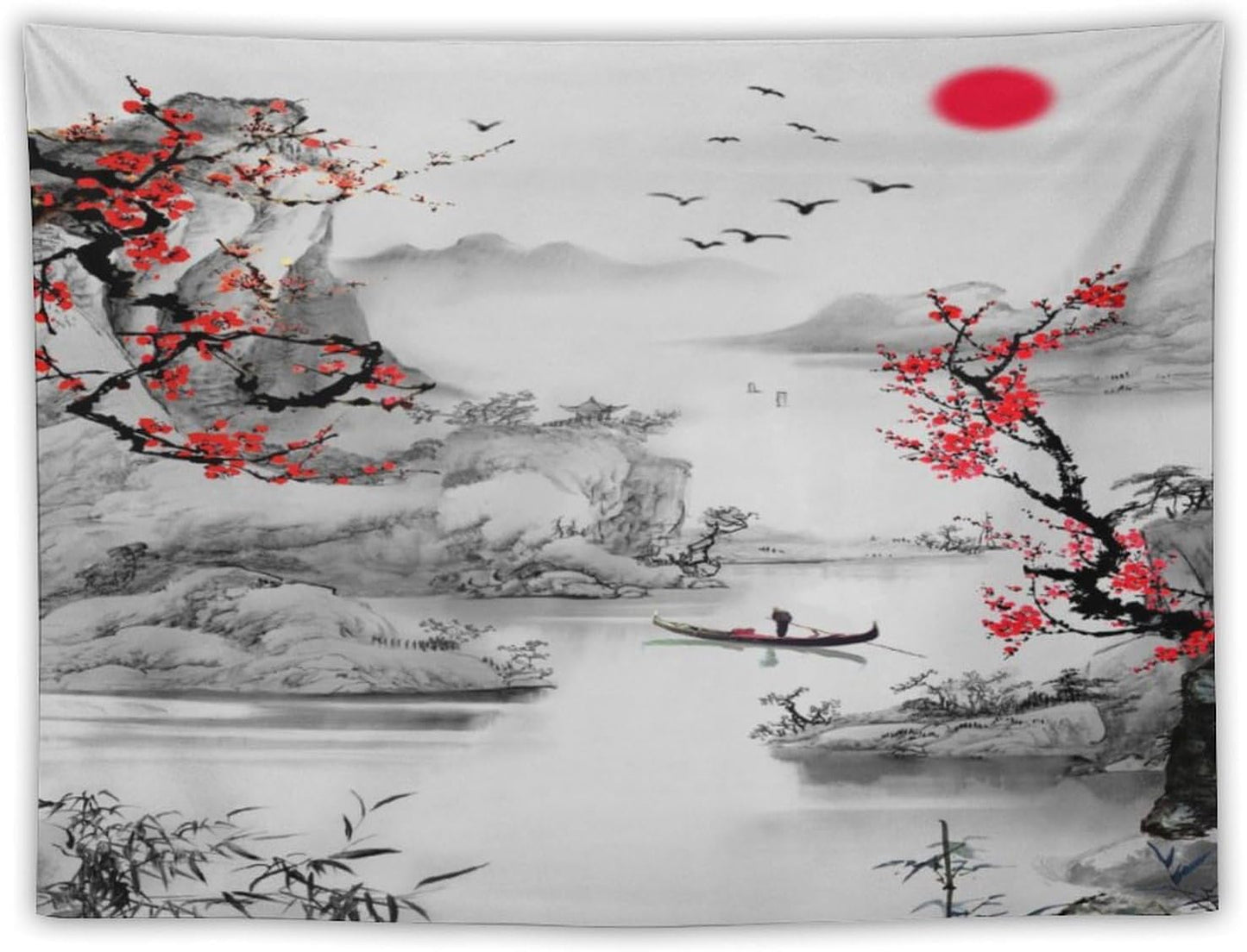 Cherry Blossoms Tapestry,Japanese Red Landscape Watercolor Abstract Art Tapestry,Asian Japanese Wall Tapestry, Nature Landscape Tapestries for Bedroom Living Room Decor 60"x50"