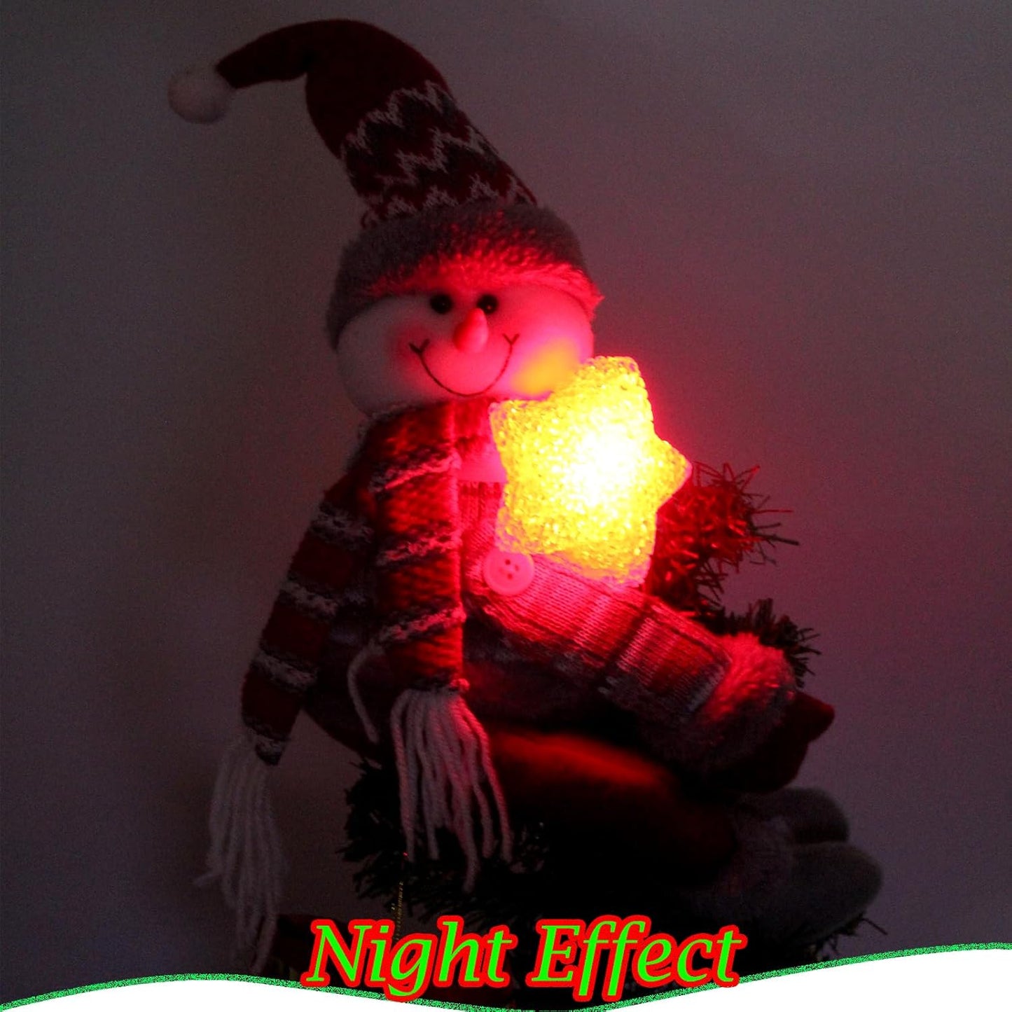 Christmas Plush Snowman Tree Topper with Lighted Red Star,Xmas Treetop Ornament-Also Be Used As Home Curtain Tie and Hugger Wine Bottle Party Decorations