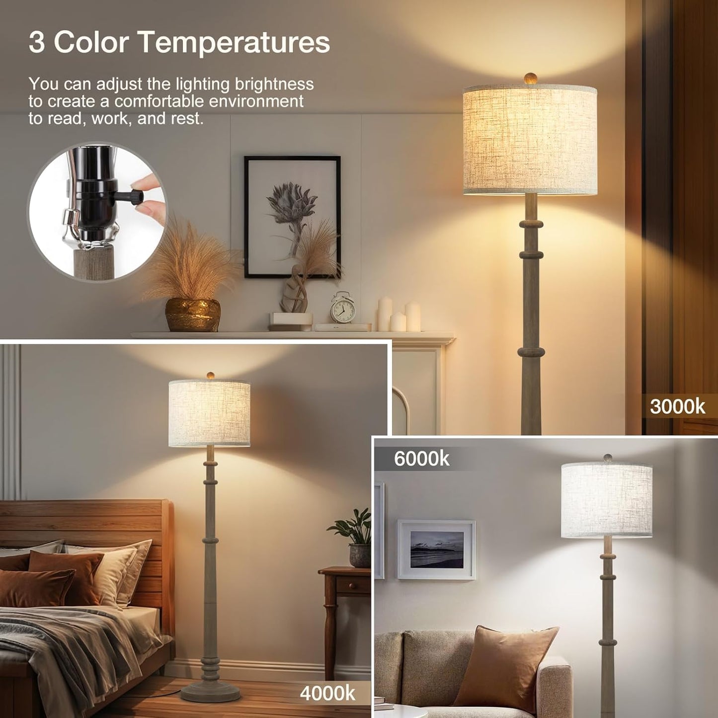 Floor Lamps for Living Room - 60" Resin Farmhouse Floor Lamp with 3 Color Temperatures - Vintage Standing Lamp Reading Light with Linen Shade Retro Tall Lamp for Bedroom Office, Grey