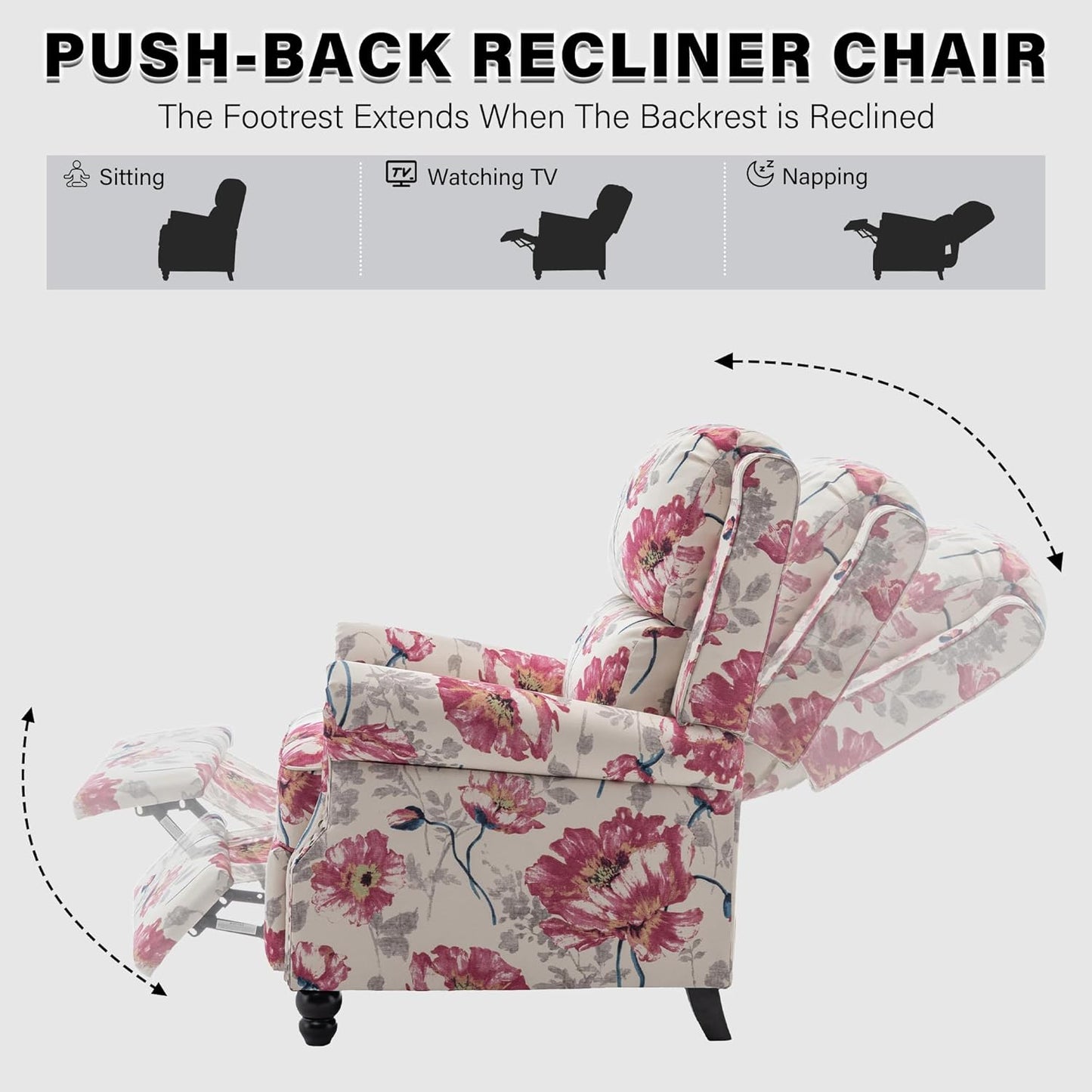 UIXE Pushback Recliner Chair, Fabric Armchair Push Back Accent Chair, Rivet Trim Club Chair Home Theater Overstuffed Single Sofa Reading Seat for Living Room, Pattern