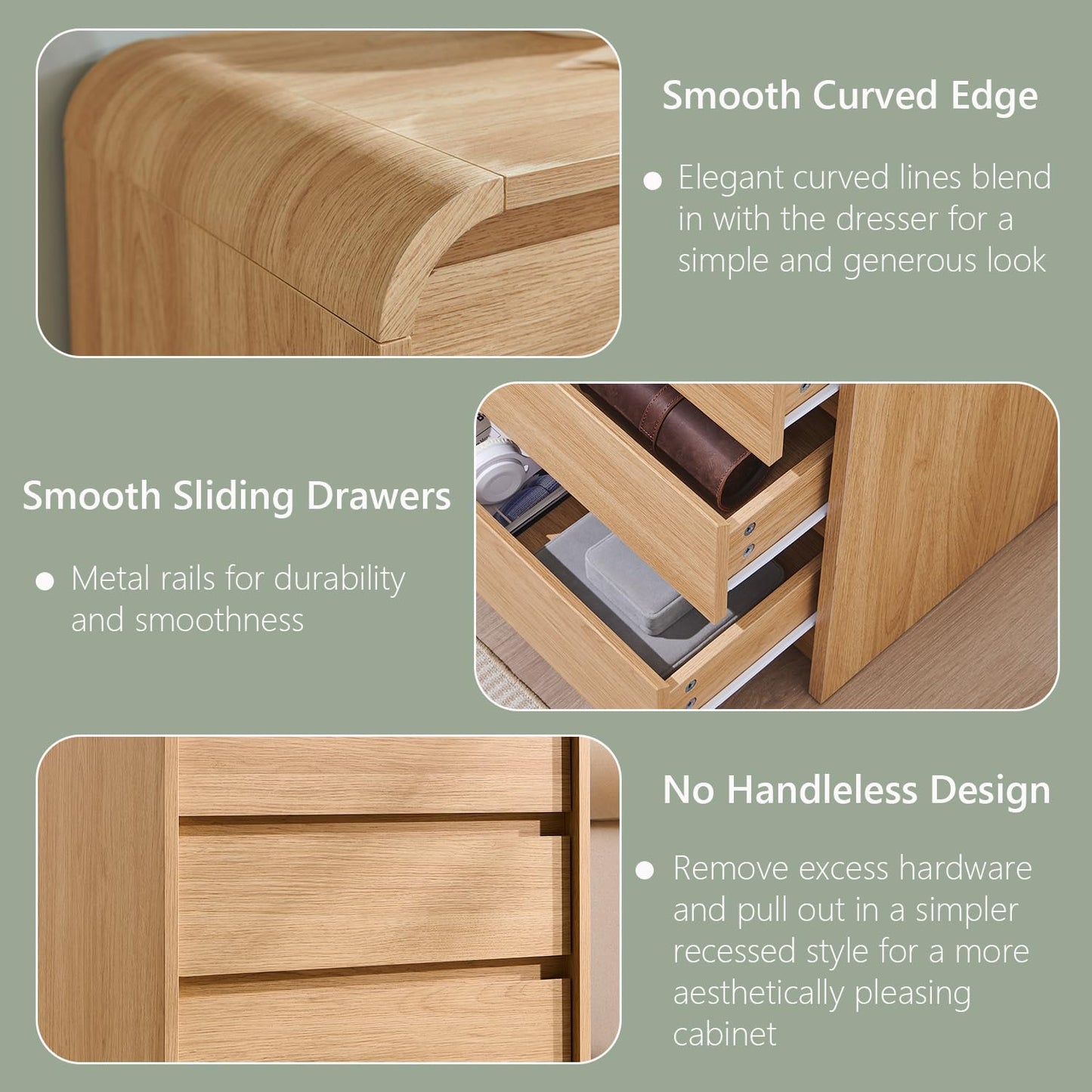 25" Tall Modern Nightstand with Charging Station, 23.6'' Wide Wood Bedside Table w/3 Storage Drawers, Small Dresser w/Curved Profile Design, End Table for Bedroom, Natural Oak