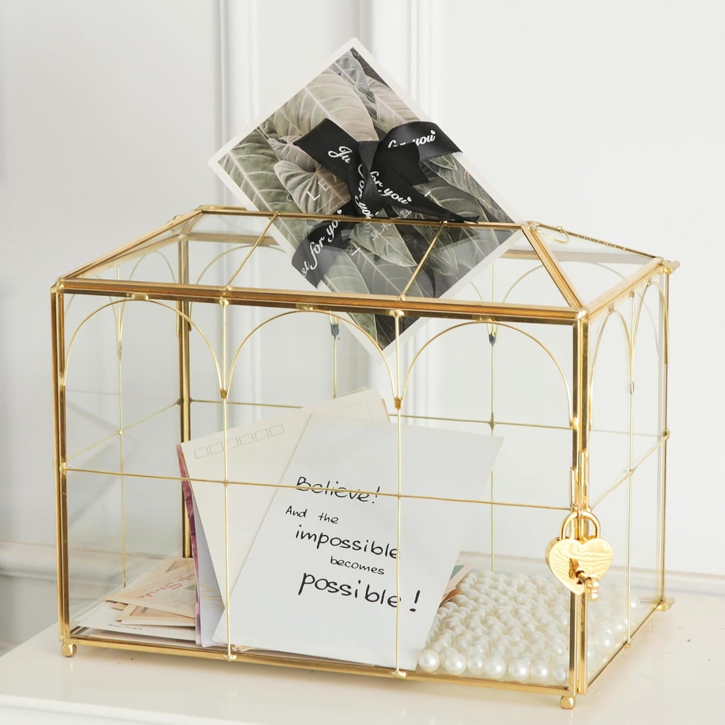 Glass Card Box with Slot, 10.2 inch Large Gold Clear Card Box for Wedding Receptions, Decorative Storage Box with Lock for Baby Shower, Birthday Party, Bridal Shower