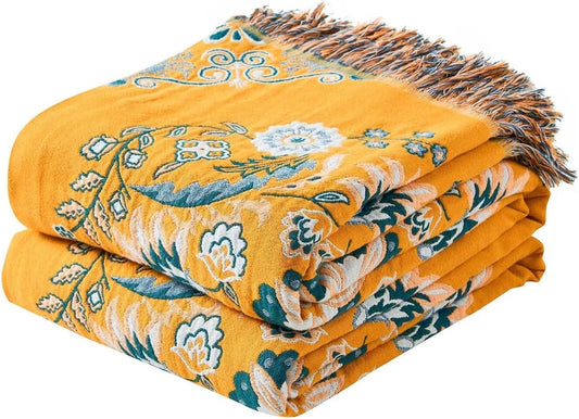 Boho Throw Blanket, 100% Cotton Ultra Soft Luxury Throw Rustic Quilt, Floral Printed Farmhouse Decor Bed Summer Blankets, All Season Rustic Reversible Bohemian Throw for Bed (80"x90" Yellow