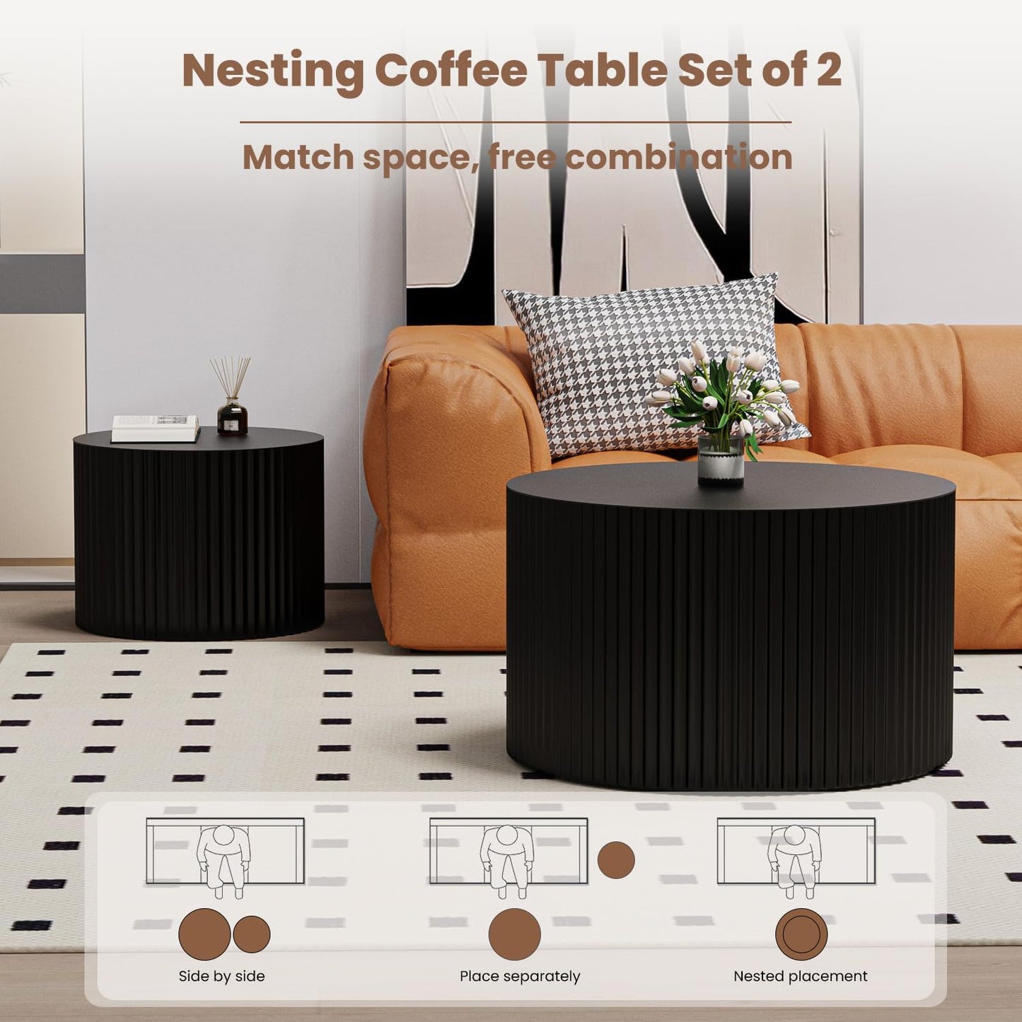 Round Nesting Coffee Table Wood Drum Nesting Tables Modern Stacking Coffee Table Set of 2 Fluted Center Table End Table for Living Room Home Office Small Spaces, No Assembling (Black Large)