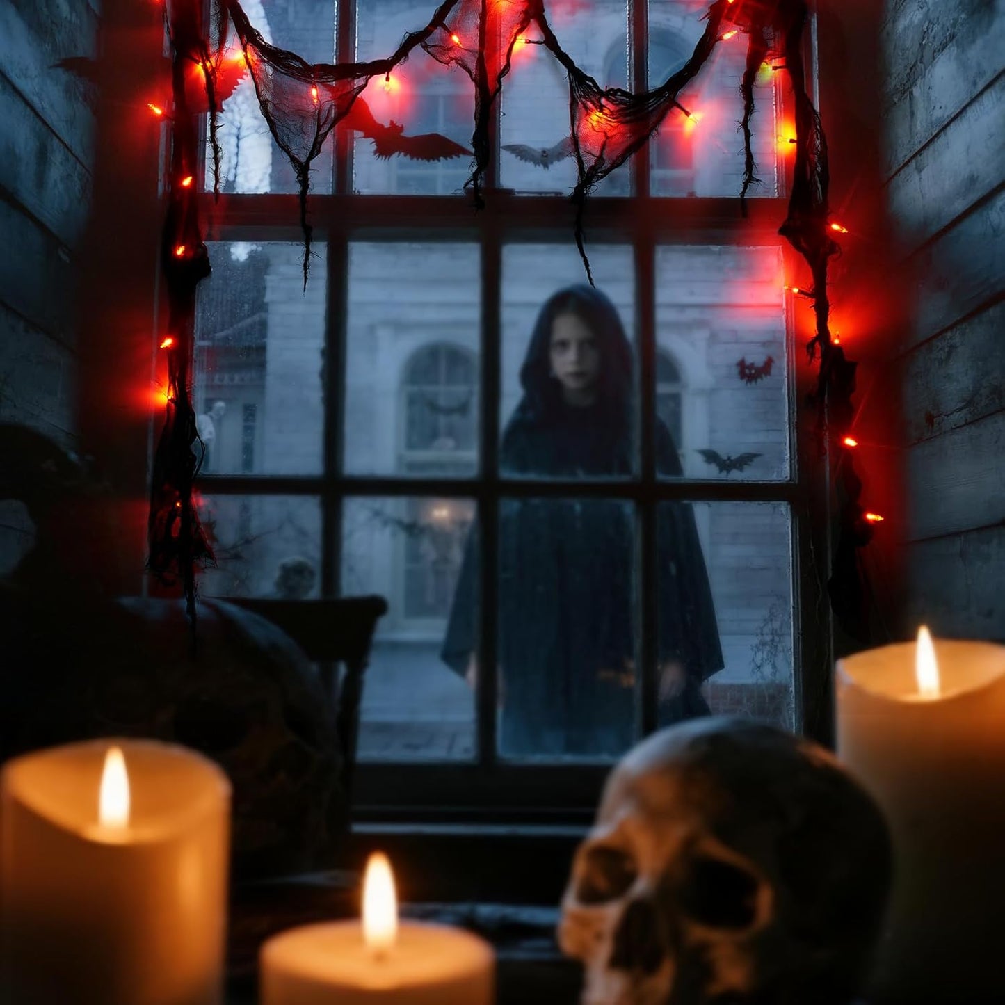 Halloween Horror Atmosphere Lights, Orange&Purple LED String Lights with 9.9FT Creepy Black Gauze, Battery Powered with Timer & 8 Flashing Modes (Red)