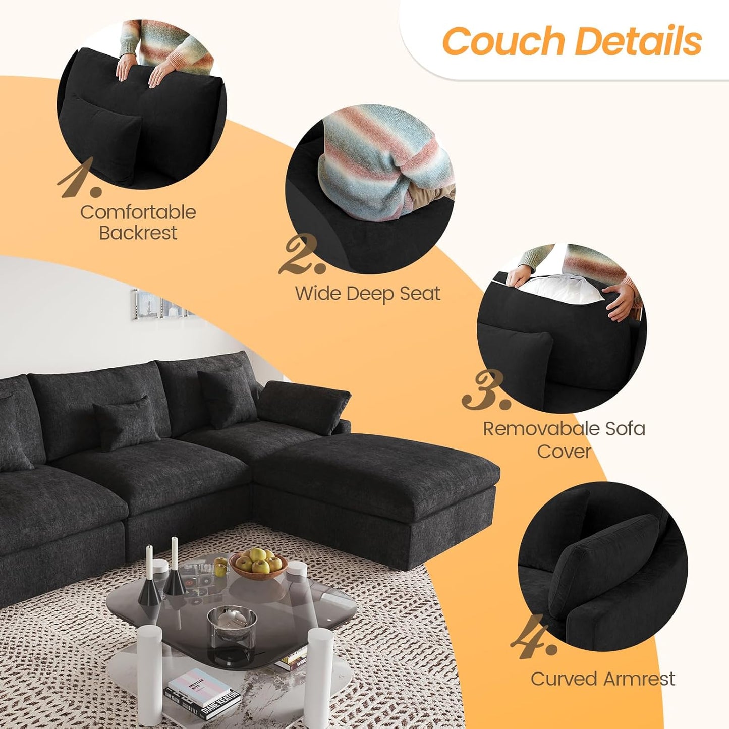 JACH Sectional Couches for Living Room, Cloud Sectional Couch with Deep Seat, Love Seat Modular Sofa with Chaise, Covers Removeable & Washable, Sofas Furniture for Living Room, Black