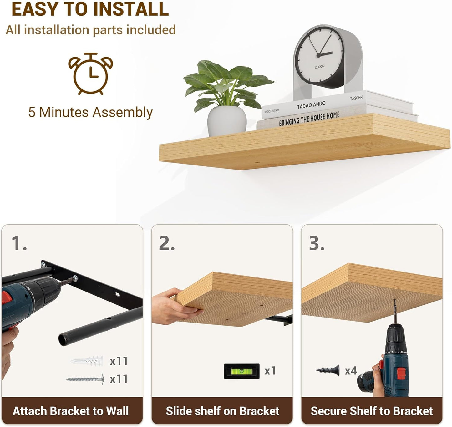 16 Inch Floating Shelves, 3D Textured Wood Grain, 16"x9.25"x1.5" Inch Deep Floating Shelves for Wall, Wooden Shelves for Bathroom, Bedroom, Living Room, Natural