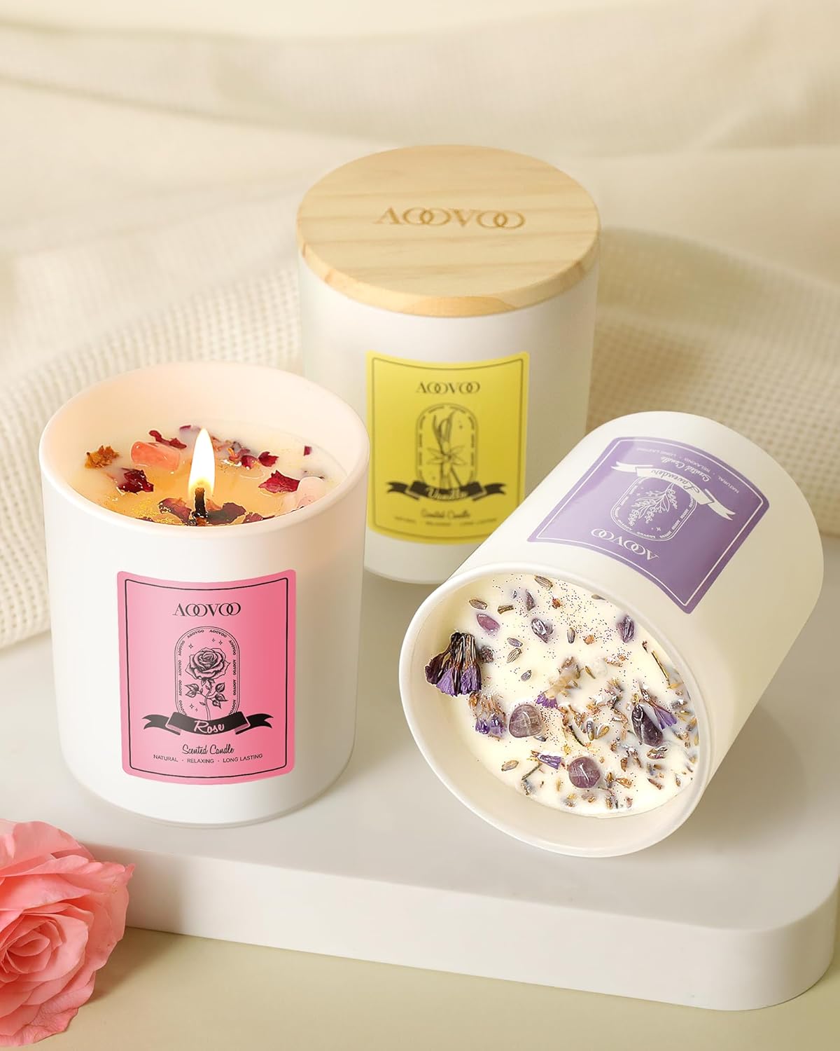 AOOVOO Rose/Vanilla/Eucalyptus/Lavender Scented Candles for Women - Aromatherapy Candle with Crystals Inside, 40oz Soy Candles for Home Scented, Birthday Gifts Mothers Day Candle for Women Mom