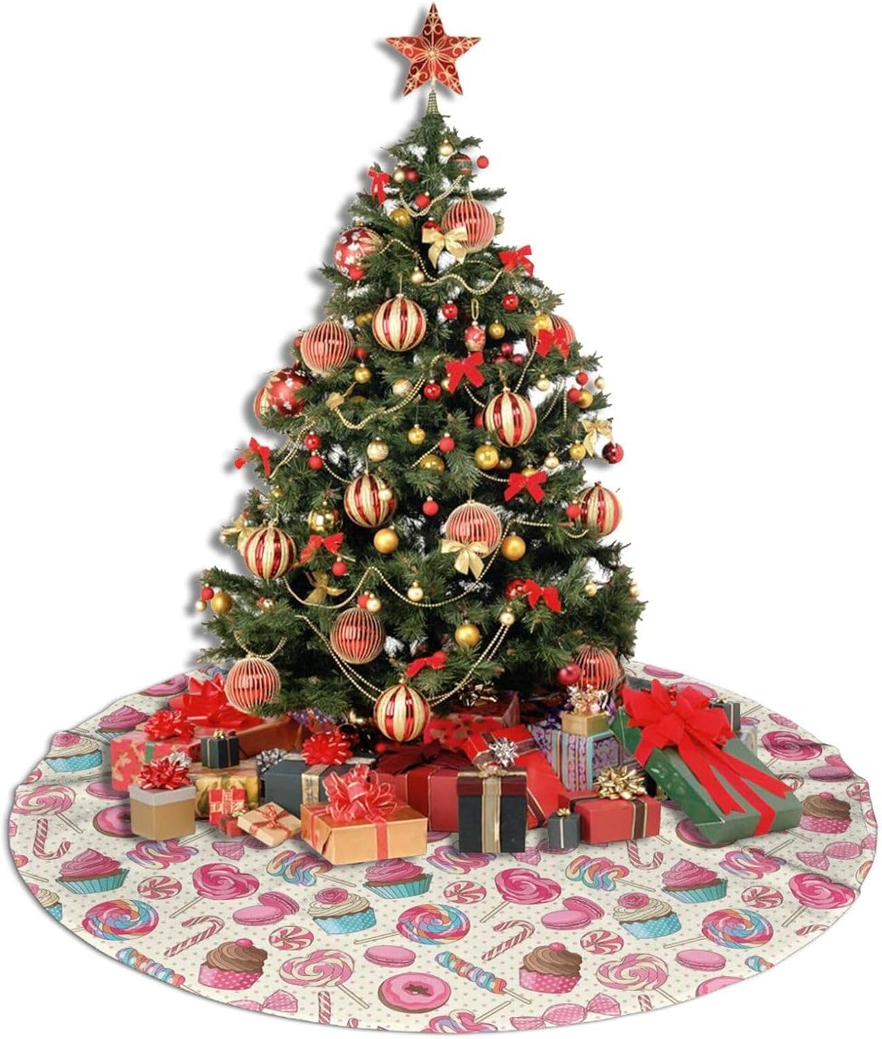 Christmas Tree Skirt,Sweet Lollipop Candy Macaroon Cupcake Donut Xmas Tree Skirt Rustic Farmhouse Tree Skirt for Christmas Decor Xmas Holiday Home Party Decorations36