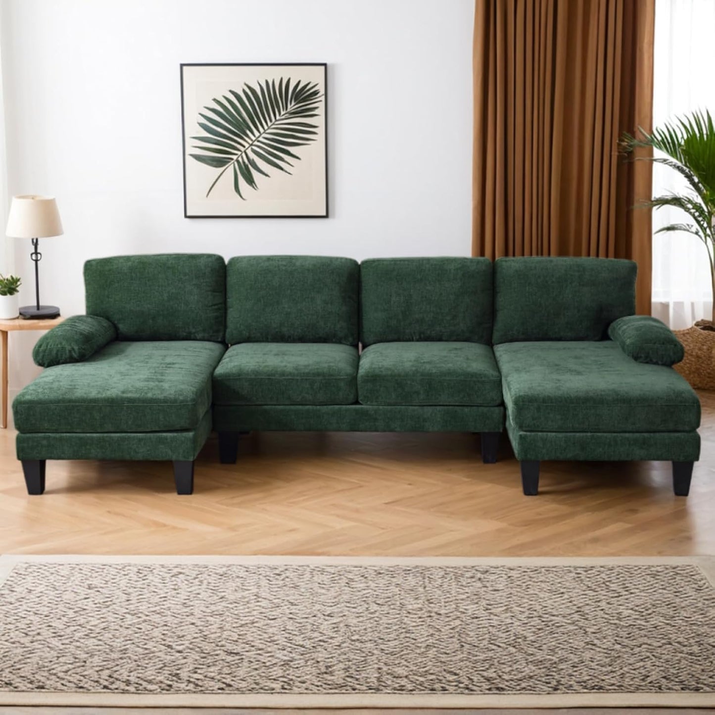 Karl home U-Shape Sectional Sofa Couch 111" Modern 4-Seat Sofa with Chaises Chenille Fabric Upholstered Covertible Couch with Wood Grain Legs for Living Room, Reception Room, Apartment, Green