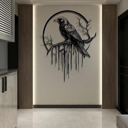 Crow Metal Wall Decor, Raven Wall Art, Large Gothic Raven Decor Hangings, Bird Wall Decor, Metal Tree Branch Decor, Ravens Sign, Raven Art for Living Room (Black, 28"x22" |70x56cm, metal wall art)