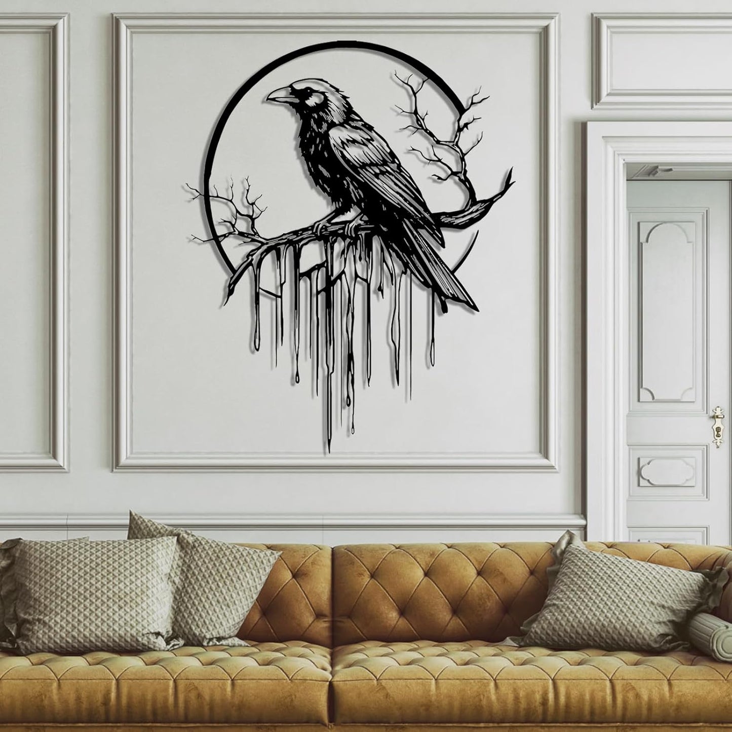Crow Metal Wall Decor, Raven Wall Art, Large Gothic Raven Decor Hangings, Bird Wall Decor, Metal Tree Branch Decor, Ravens Sign, Raven Art for Living Room (White, 47"x38" | 120x96cm, metal wall art)