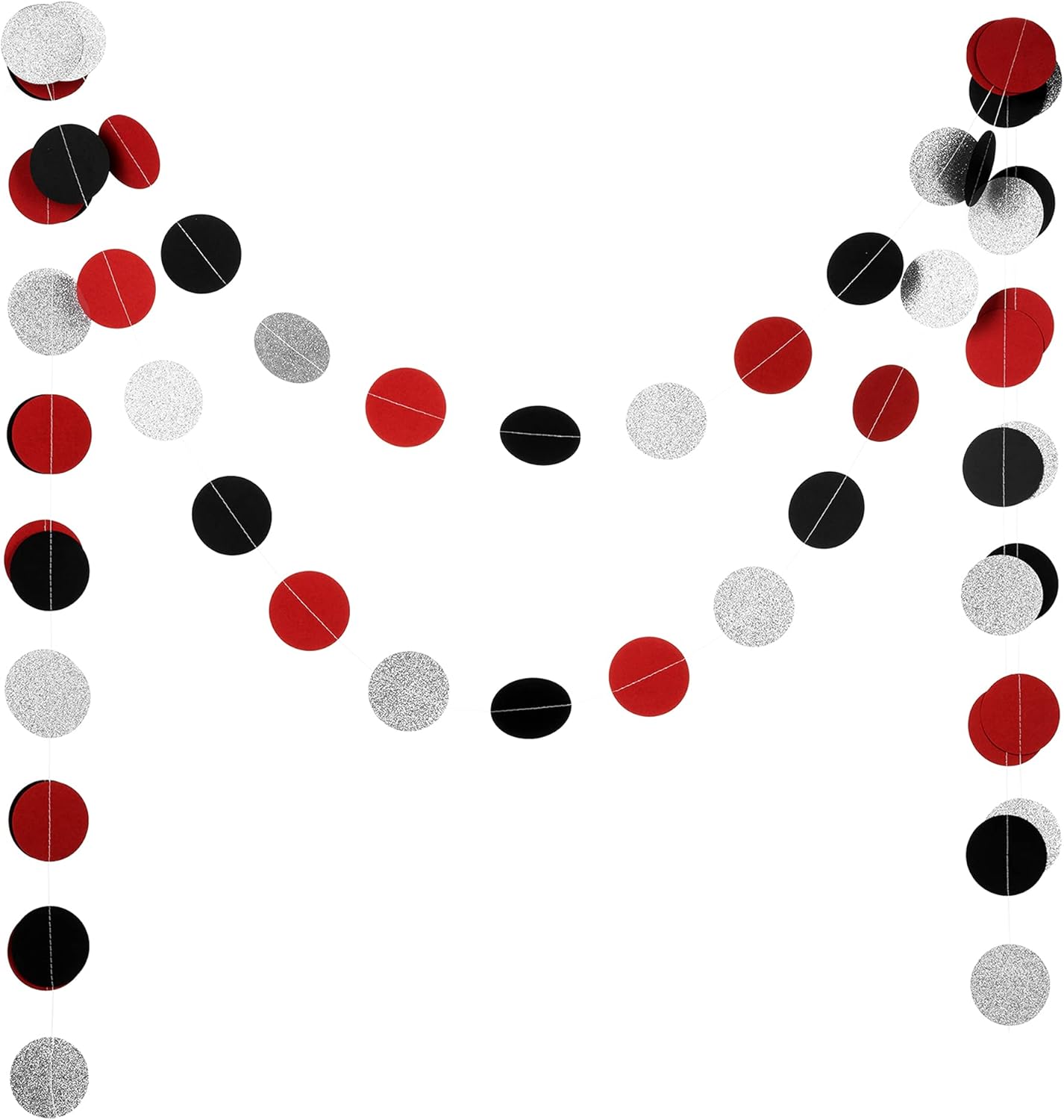 WEVEN Red Black Silver Glitter Paper Garland Circle Dot Streamer Party Banner Backdrop Hanging Decorations, 2.5" in Diameter, 20 Feet in Total