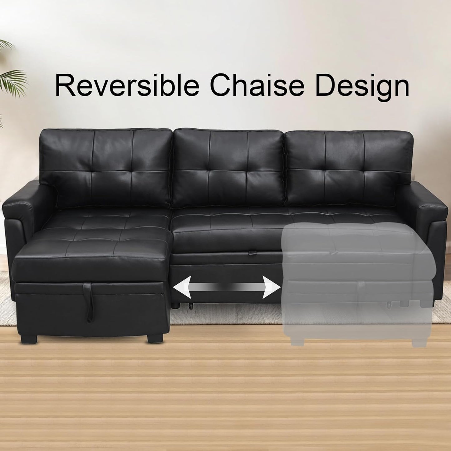 Naomi Home Modern Sectional Sofa with Storage Chaise Black/Air Leather