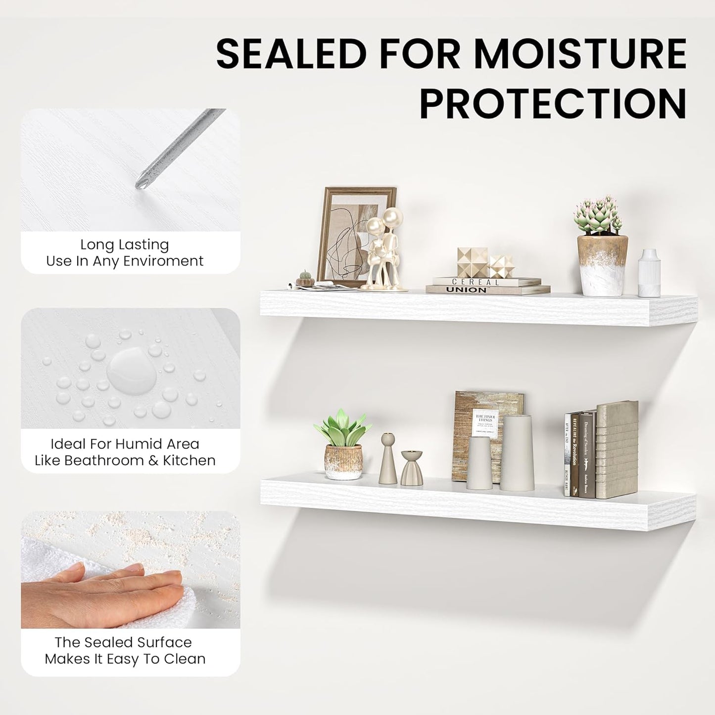 Floating Shelves for Wall,48" W x 9.3" D x 1.5" H, Wooden Wall Mounted Display Shelves with Invisible Brackets for Living Room, Bedroom, Bathroom, Kitchen Decor and Storage, Set of 1, White