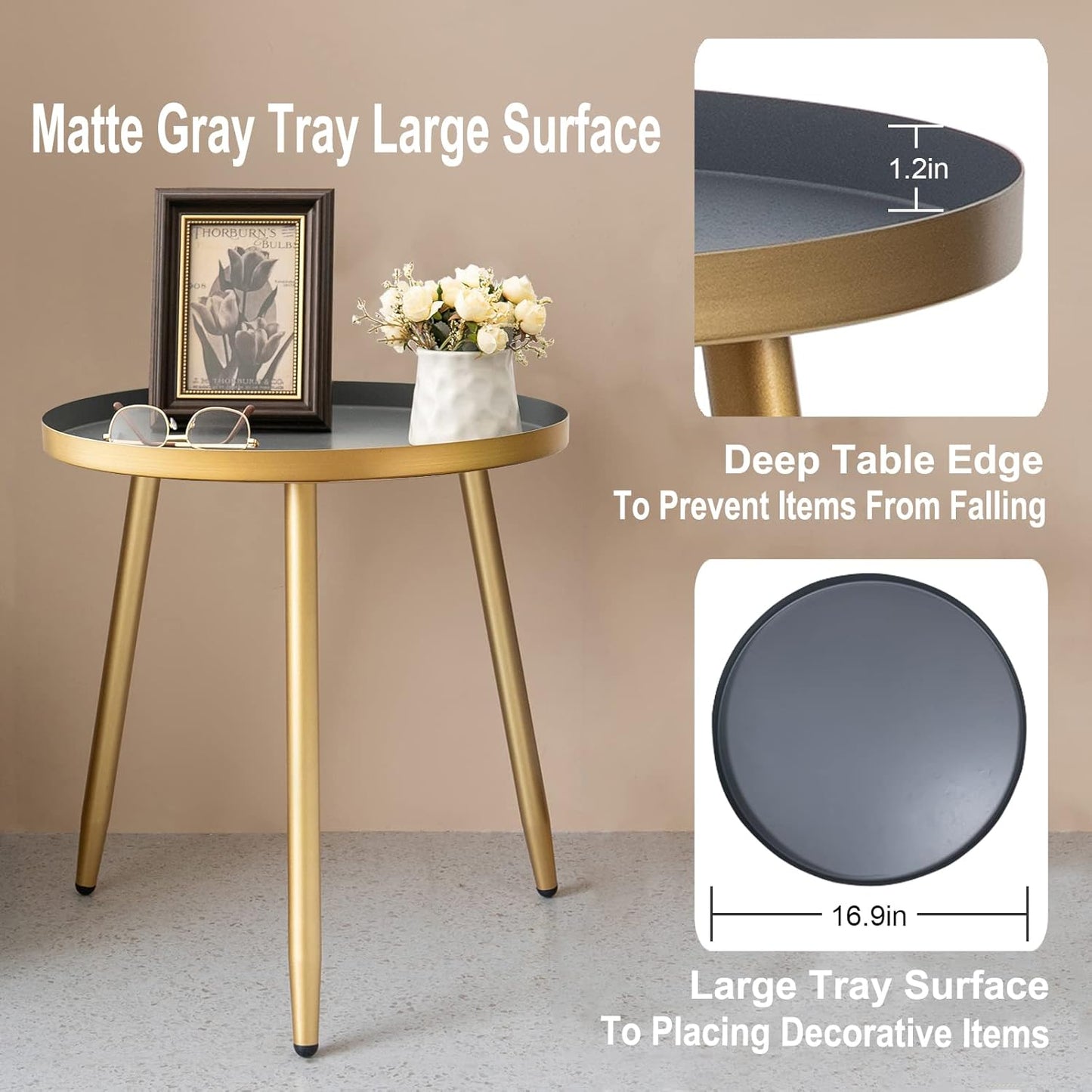 AOJEZOR Side Table: End Table for Indoor Use - Round Side Tables for Small Spaces - Grey Top 3 Legged Gold