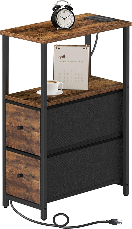 TUTOTAK Small Narrow End Table with Charging Station, Side Table with Outlets, Nightstand with 2 Cloth Drawers, Couch Table, for Living Room, Bedroom, Bedside, Brown TB01BB085