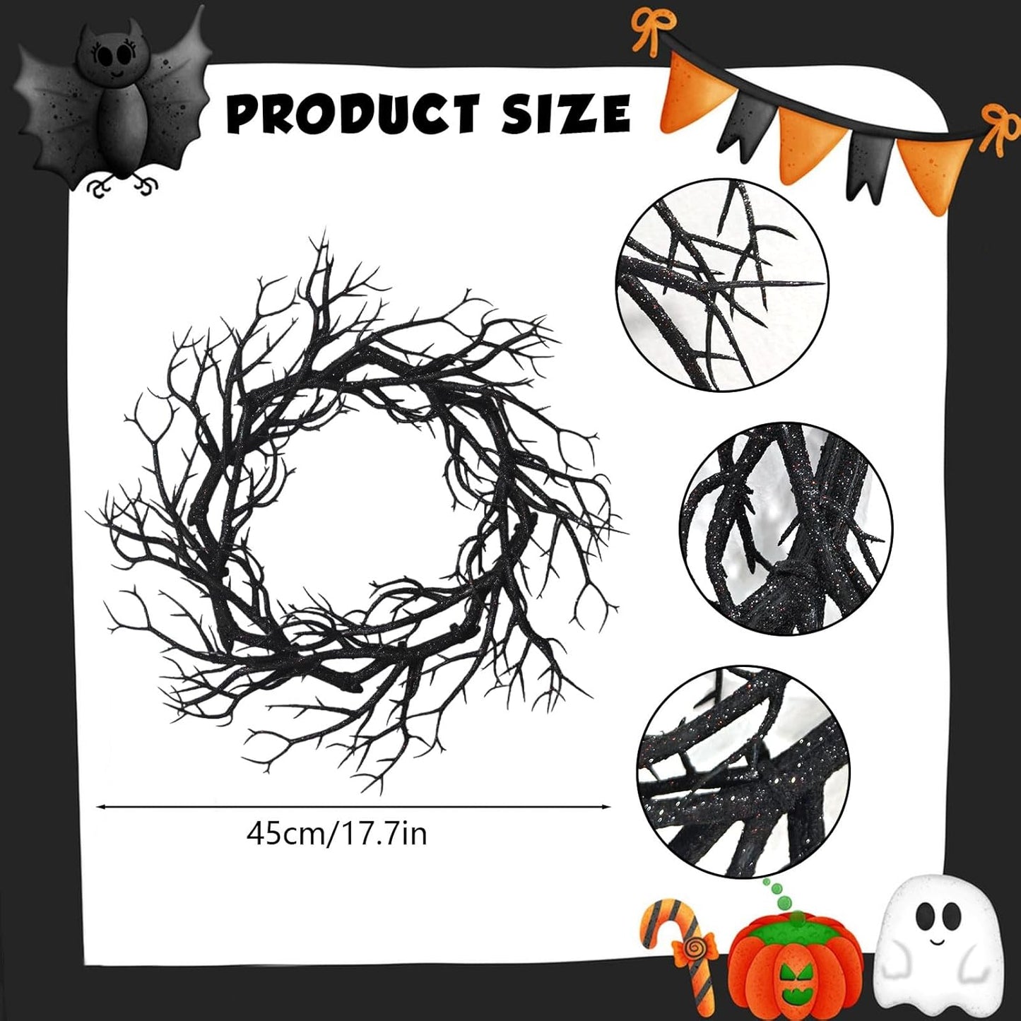 Halloween Black Branch Wreath - 16.5 Inch Glitter Black Twig Halloween Wreaths with Purple Lights for Front Door Indoor Outdoor Party Window Wall Decor Farmhouse Garland Yard