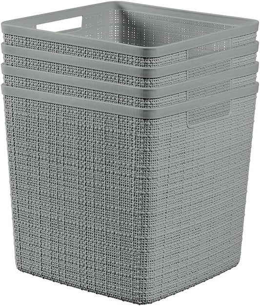 Curver Set of 4 Jute Large Cube Decorative Plastic Organization and Storage Baskets, Perfect Bins for Home Office, Closet Shelves, Kitchen Pantry and All Bedroom Essentials, Grey