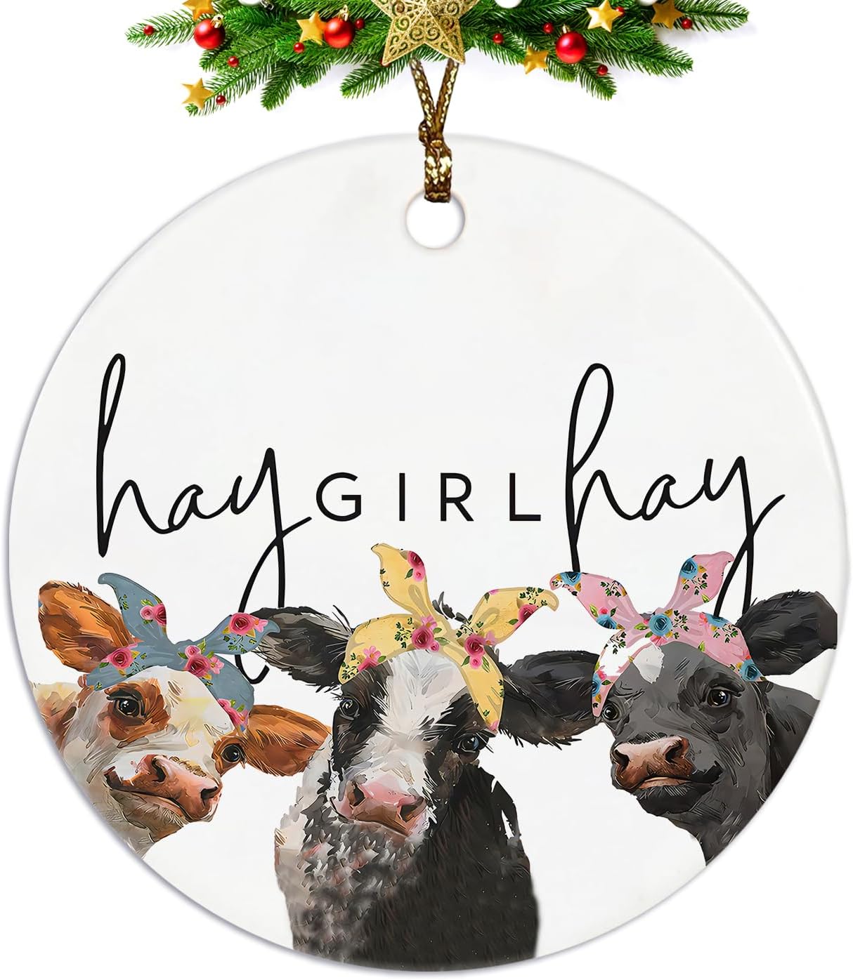 Cow Gifts for Women Cow Lovers Girls, Hay Girl Hay Farmhouse Ceramic Christmas Ornament Keepsake Sign Plaque, Girls Room Bedroom Dorm Decor