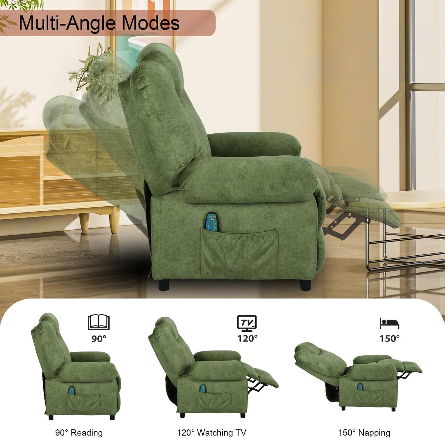 KCREAM Green Massage Recliner Chair, Small Recliners for Small Spaces, Overstuffed Recliners Living Room Chairs for Adults Fabric Manual Recliner Chairs with Heating Single Sofa Chair