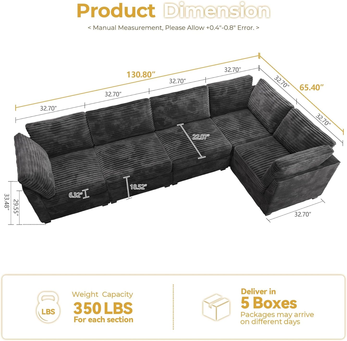 HOOOWOOO Modular Sectional Sofa,5 Pieces Sectional Couches for Living Room,131X66 L Shaped Cloud Couch Set(Grey Velvet Corduroy)