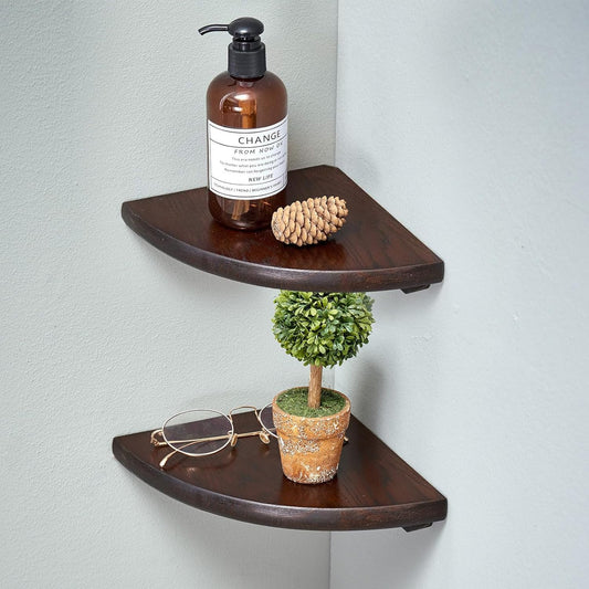 Corner Shelves, Floating Corner Shelf, Set of 2 7inch Solid Oak Wood Corner Wall Shelves, Round End with Wire Hole for Small Plant for Bedroom Kitchen, Living Room