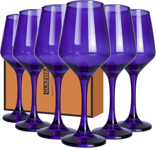 Purple Wine Glasses Set of 6-12oz Purple Long Stem Wine Glass Cups, Pretty Crystal Glassware, Hand Blown Goblets Drinkware, Unique Drinking Stemware Holiday Gift Set