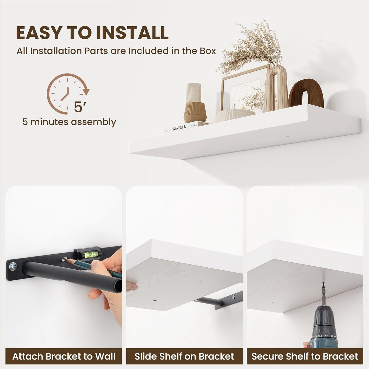 Floating Shelves Set of 2, 36 Inch Long Wooden Wall Shelves, 10 Inch Deep Wall Mounted Storage Shelf with Metal Brackets for Living Room, Bathroom, Bedroom and Kitchen, White