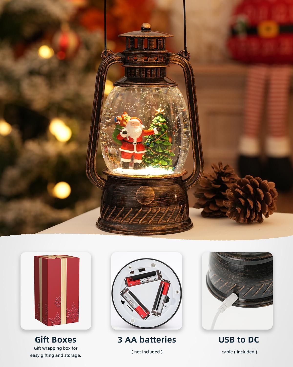 Christmas Decorations Indoor-Musical Snow Globe Christmas with 6H Timer,Santa Christmas Tree Lighted Scene Snow Globes Lantern USB or Battery Powered,Christmas Decorations Decor for Home