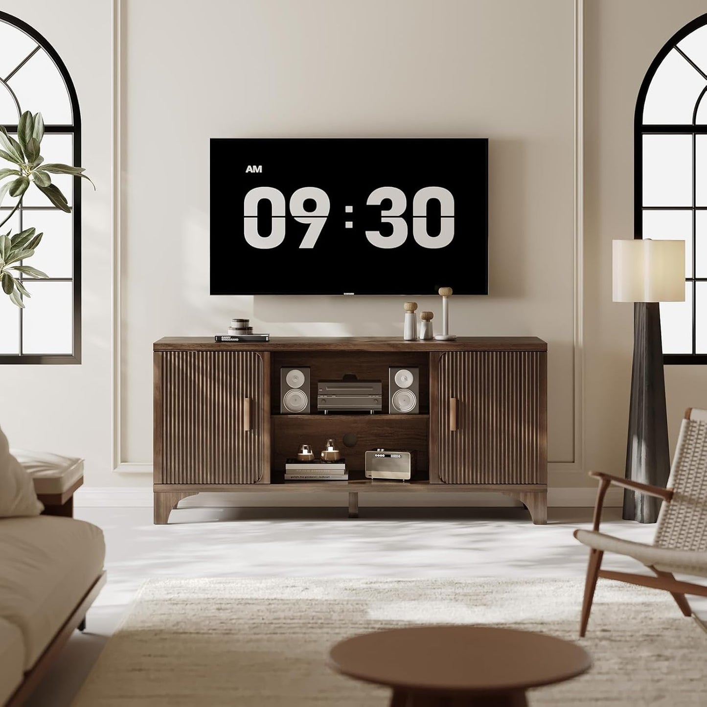 Tall Mid Century Modern TV Stand for 55/65 Inches Television, TV Console with Fluted Doors and Storage, Entertainment Center for Living Room and Bedroom, Dark Brown