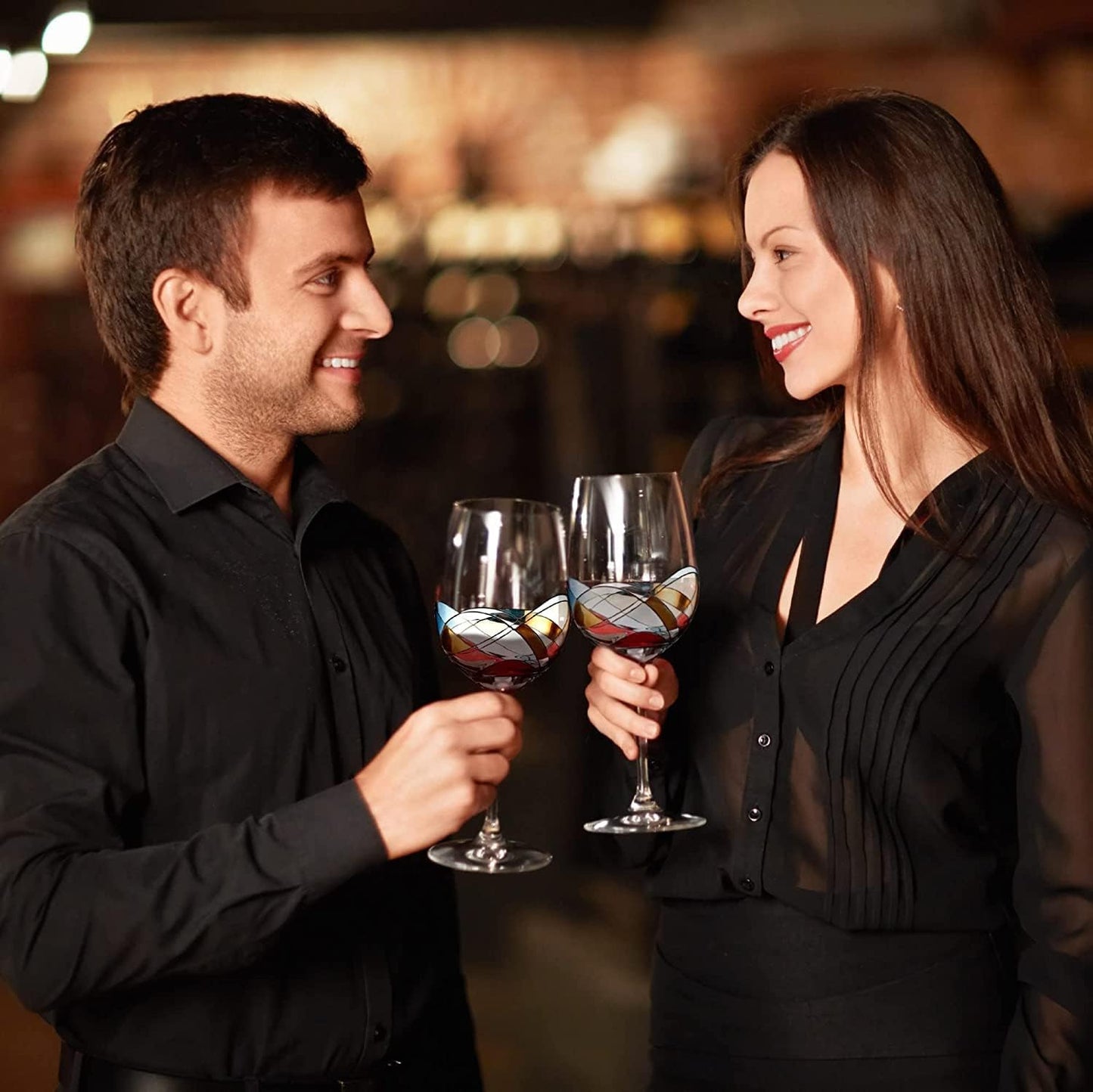 Bezrat Wine Glasses Hand Painted - Set of 2 - Women Wine Gift - Wine Lover Glass - Beautiful Glassware Gifts Ideas for Women Inspired by 'Duomo di Milano' Mothers Day - 12 oz (Blue)