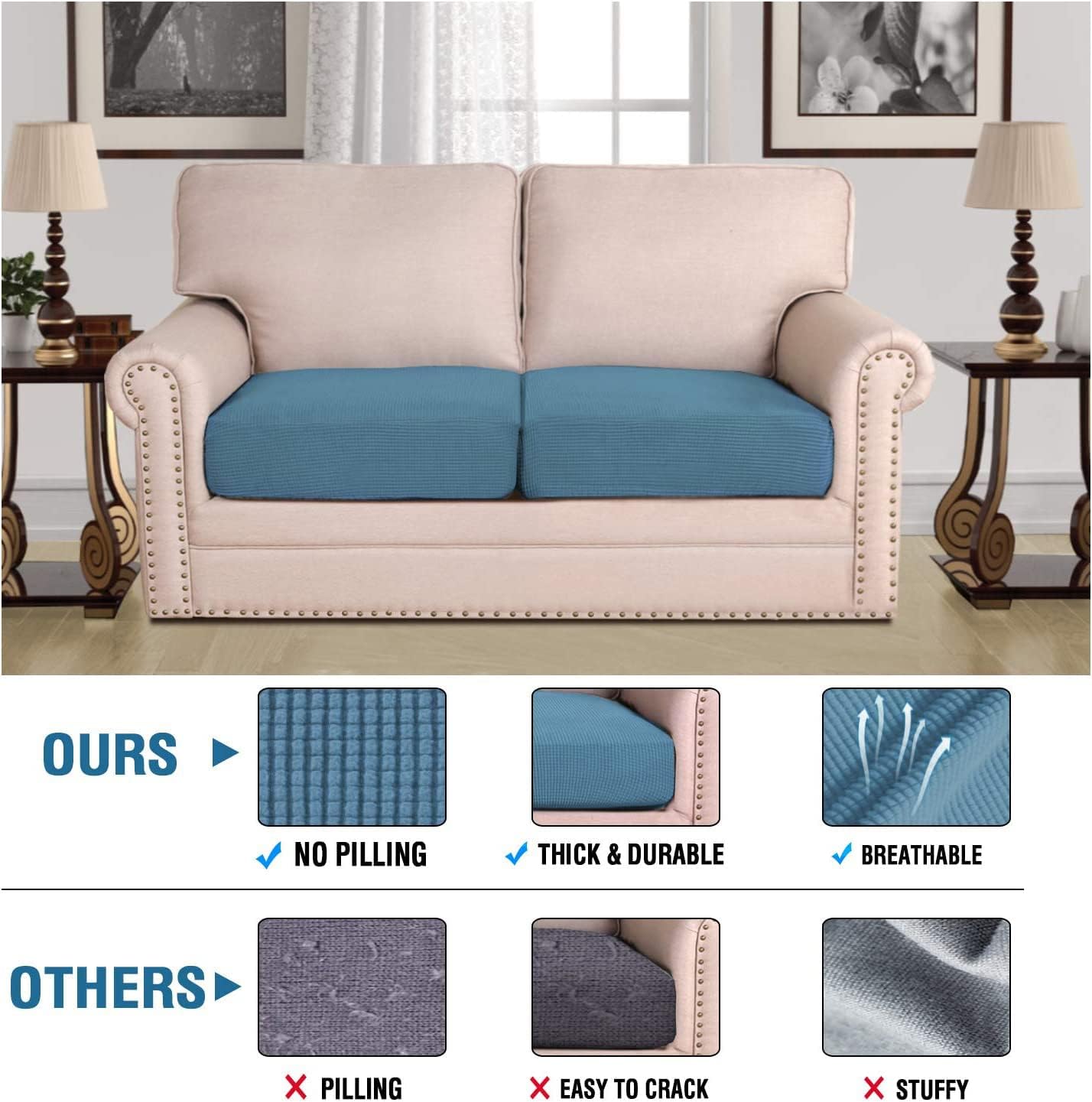 H.VERSAILTEX Super Stretch Individual Seat Cushion Covers Sofa Covers Couch Cushion Covers Slipcover Sets Thick Jacquard Textured Twill Fabric (2 Piece Medium Sofa Cushion Covers, Dusty Blue)