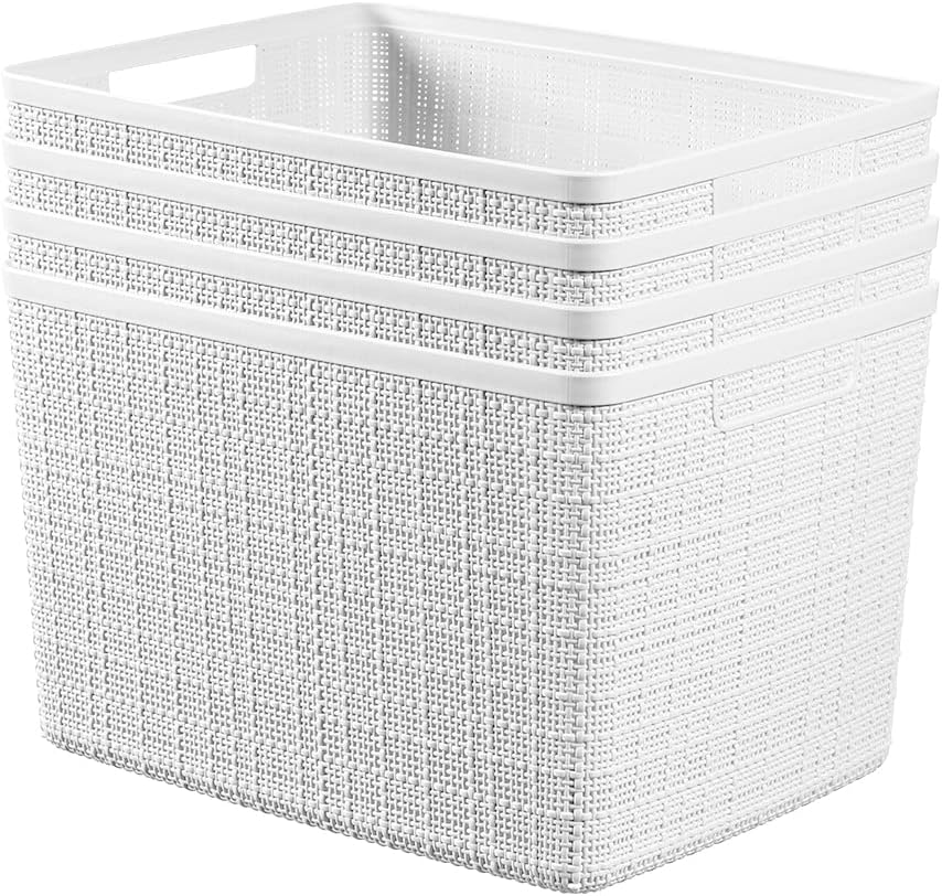Curver Set of 4 Jute Large Decorative Plastic Organization and Storage Baskets, Perfect Bins for Home Office, Closet Shelves, Kitchen Pantry and All Bedroom Essentials, White