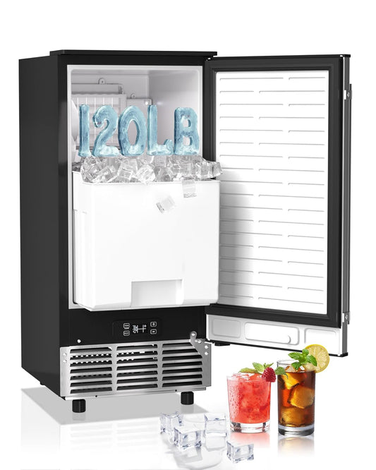 Commercial Ice Maker Machine Reversible Door 120LBS/Day, Undercounter Ice Makers 30LBS Storage Bin and 40 Ice Cubes, Icemaker Machine Brushed Metal with Water Line, Ice Scoop