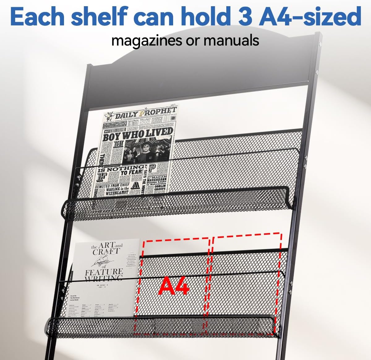 Floor-Standing Magazine Rack, 4-Layer Brochure Display Stand Tiered Design Magazine Stand Detachable Magazine Display with Casters for Exhibitions, Shopping Malls, Hospitals, Offices