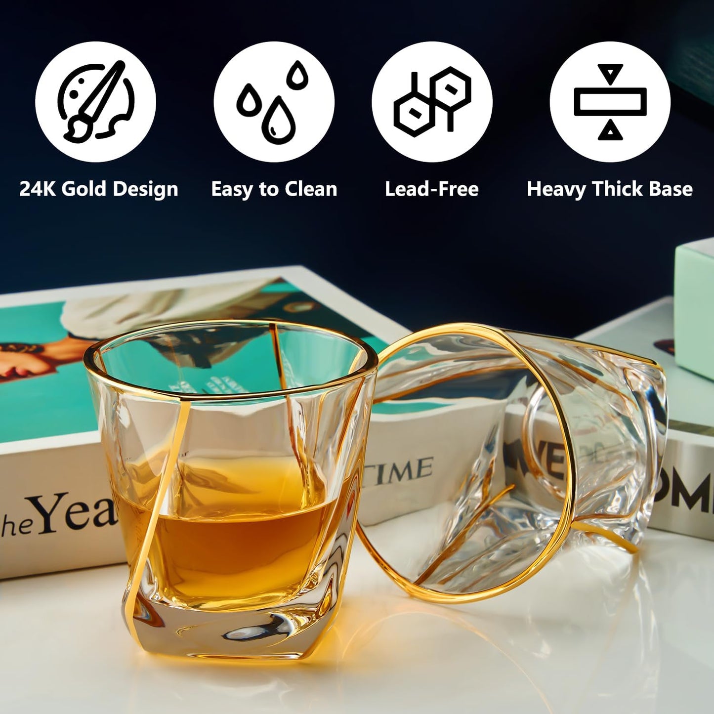 Crystal Whiskey Glasses Set of 2 with 24K Gold Rim,Bar Glasses,Twisted Whiskey Glass Gold Collection for Bourbon,Scotch and Wine,Rock Barware for Men Gift - 8oz