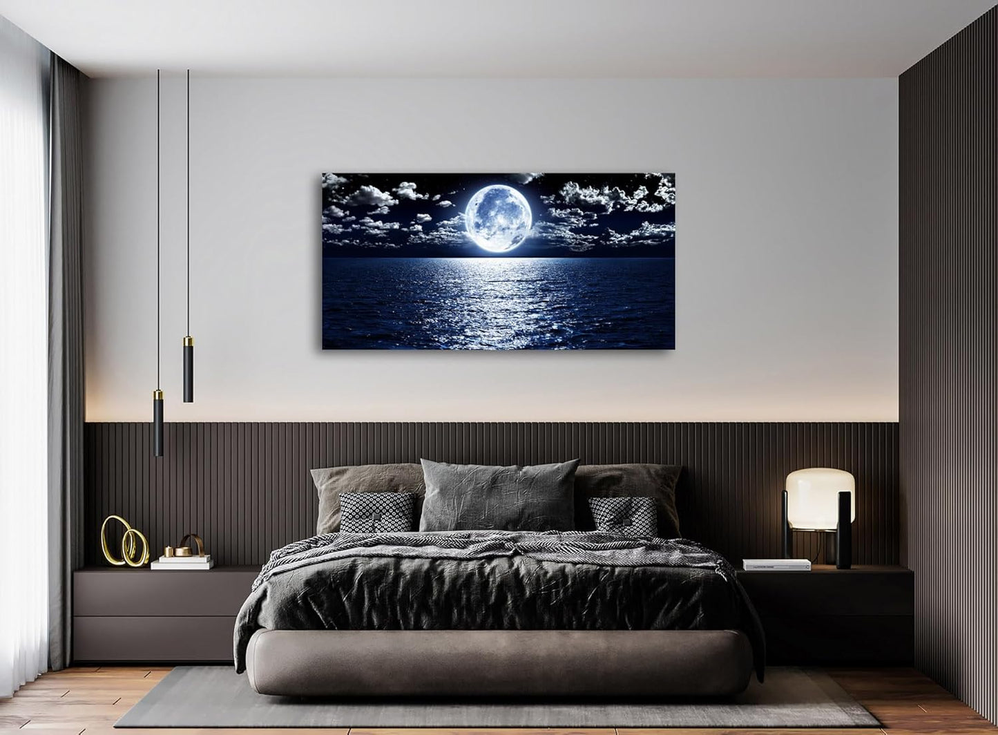 Cao Gen Decor Art S06975 Wall Art Canvas Prints Moon Sea Ocean Landscape 1 Panels Full Moon in Cloud Pictures Paintings Stretched and Framed for Living Room Bedroom Kicthen Office Artwork 30x60inch