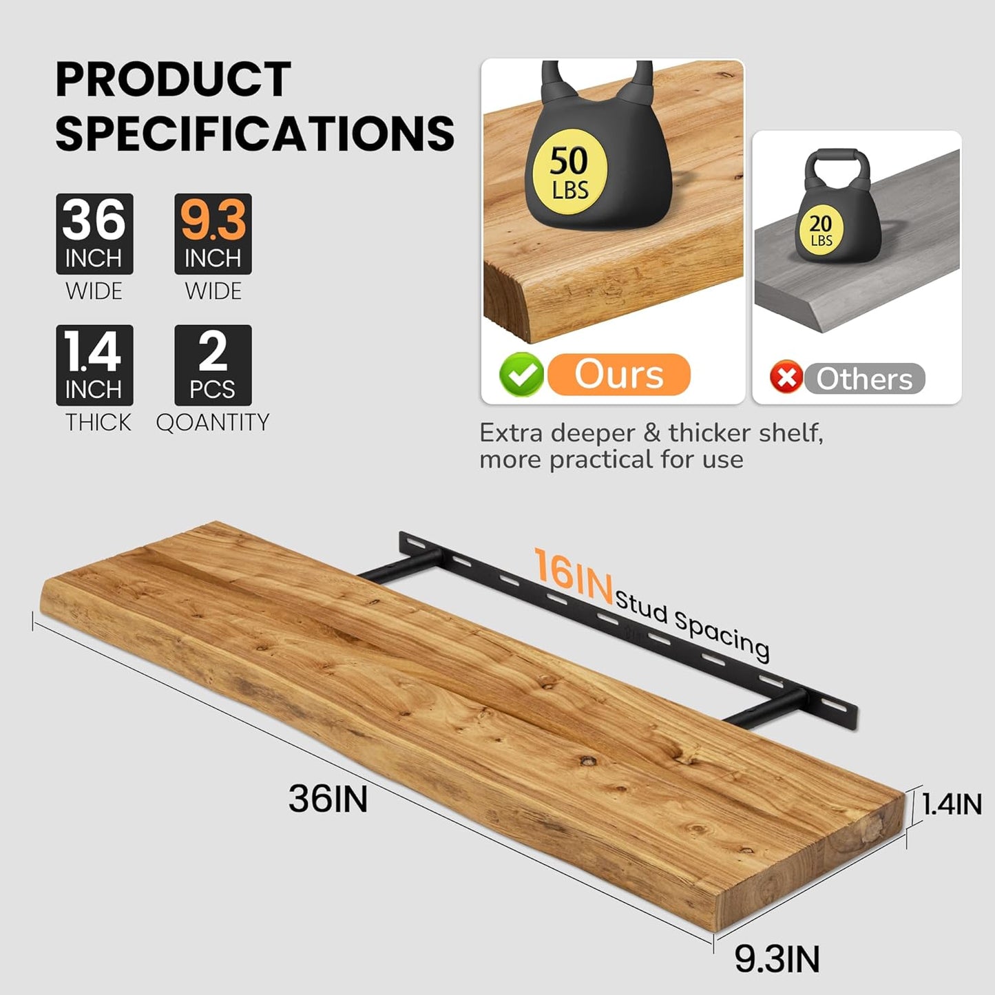 Floating Shelves for Wall, 36"x9.3" Rustic Solid Live-Edge Elm Wood Wall Shelves, Heavy-Duty Floating Shelves with Invisible Brackets, Set of 2 for Living Room, Bedroom, and Kitchen, Natural Finish