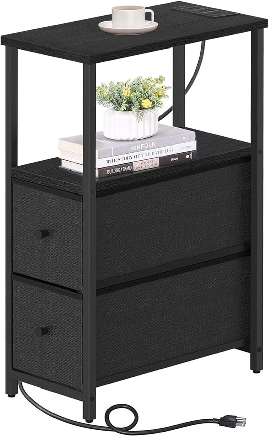 TUTOTAK Small Narrow End Table with Charging Station, Side Table with Outlets, Nightstand with 2 Cloth Drawers, Couch Table, for Living Room, Bedroom, Bedside, Black TB01BK085