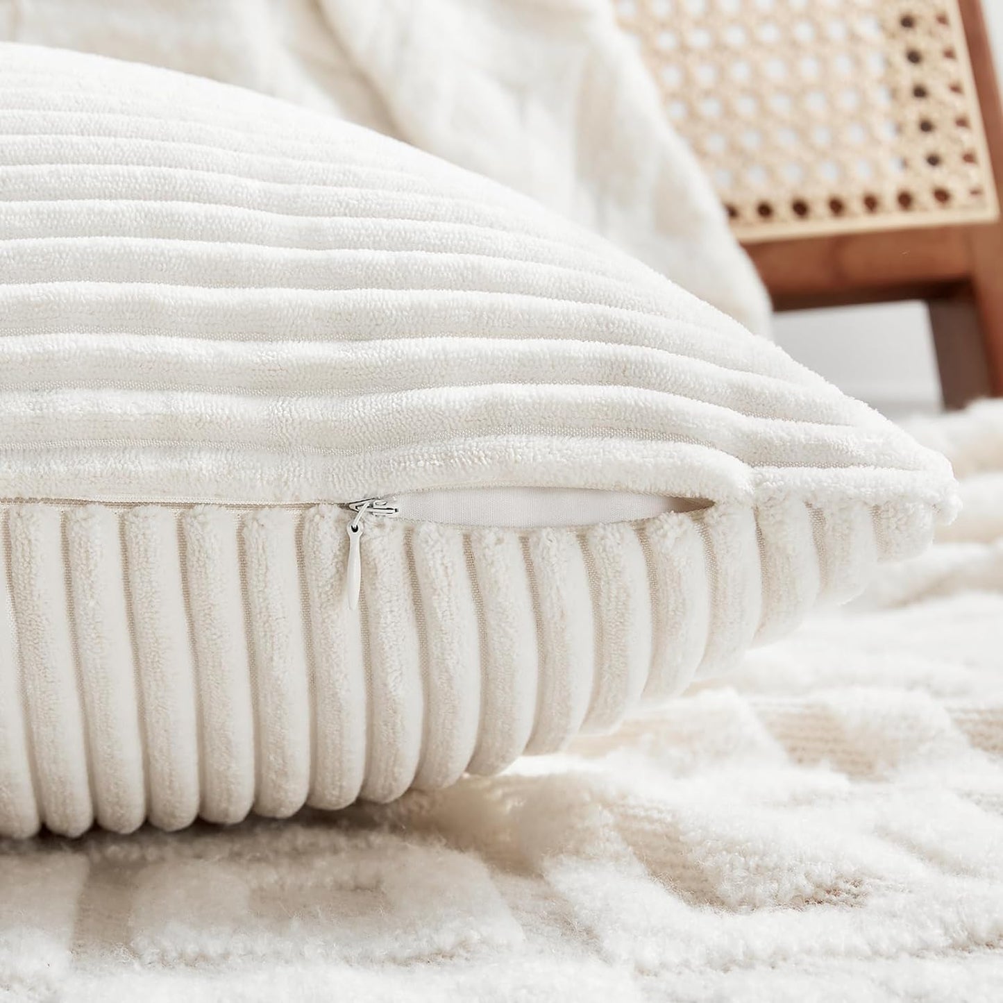 Fancy Homi 2 Packs Cream White Lumbar Decorative Throw Pillow Covers 14x24 Inch for Couch Bed Sofa, Rustic Farmhouse Boho Home Decor, Soft Striped Corduroy Rectangle Accent Cushion Case 35x60 cm