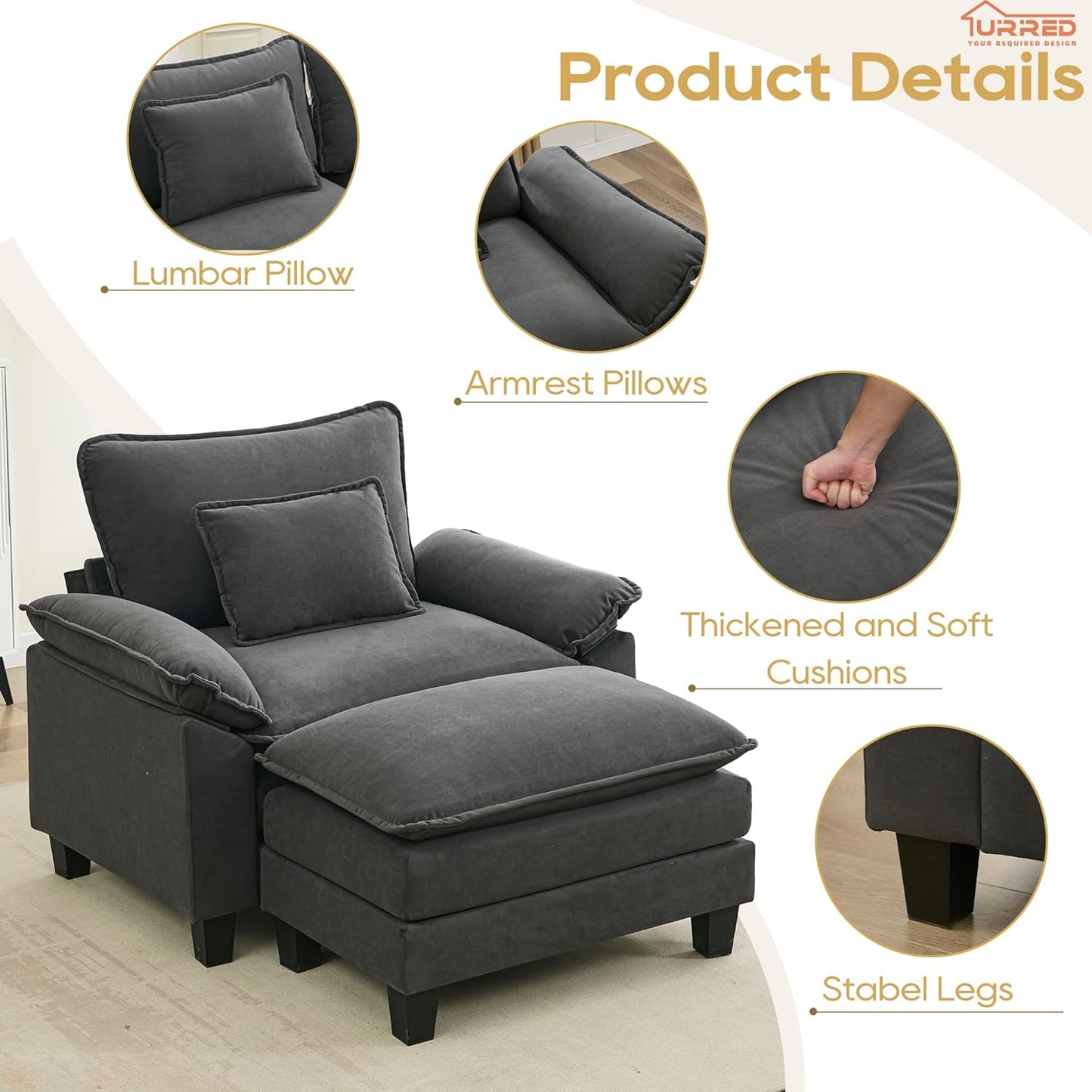 URRED Modular Sectional Sofa Comfy Cloud Couch, Modern Chenille Sofa Sleeper Deep Seat Couches with Ottoman/Pillows for Living Room (Dark Gray, 53''- Ottoman)