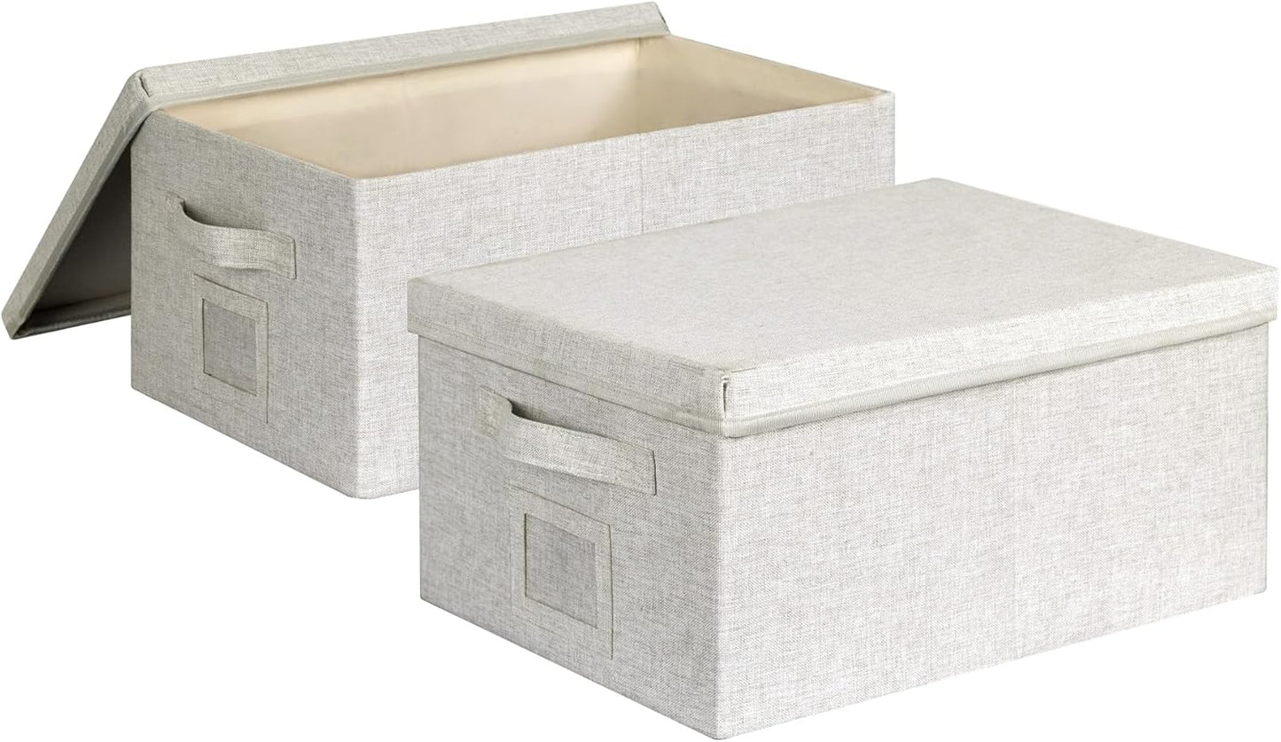 Large 17''x12'' Quart Collapsible Stackable Storage Bins with Lids, 2 Packs Off White Fabric Closet Boxes with Lids, Storage Cube Baskets Container Organizers for Bedroom Office(17''x12.2x''8'')